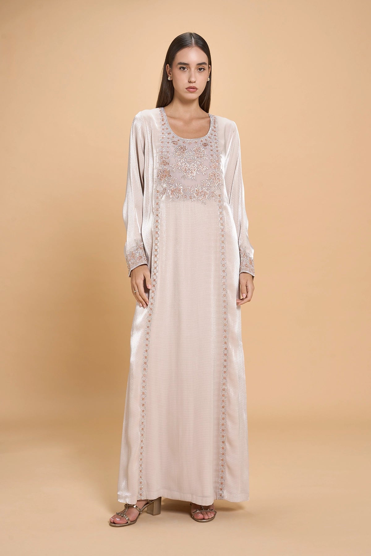 Daily Wear Jalabia With Embroidery And Crystals -Beige