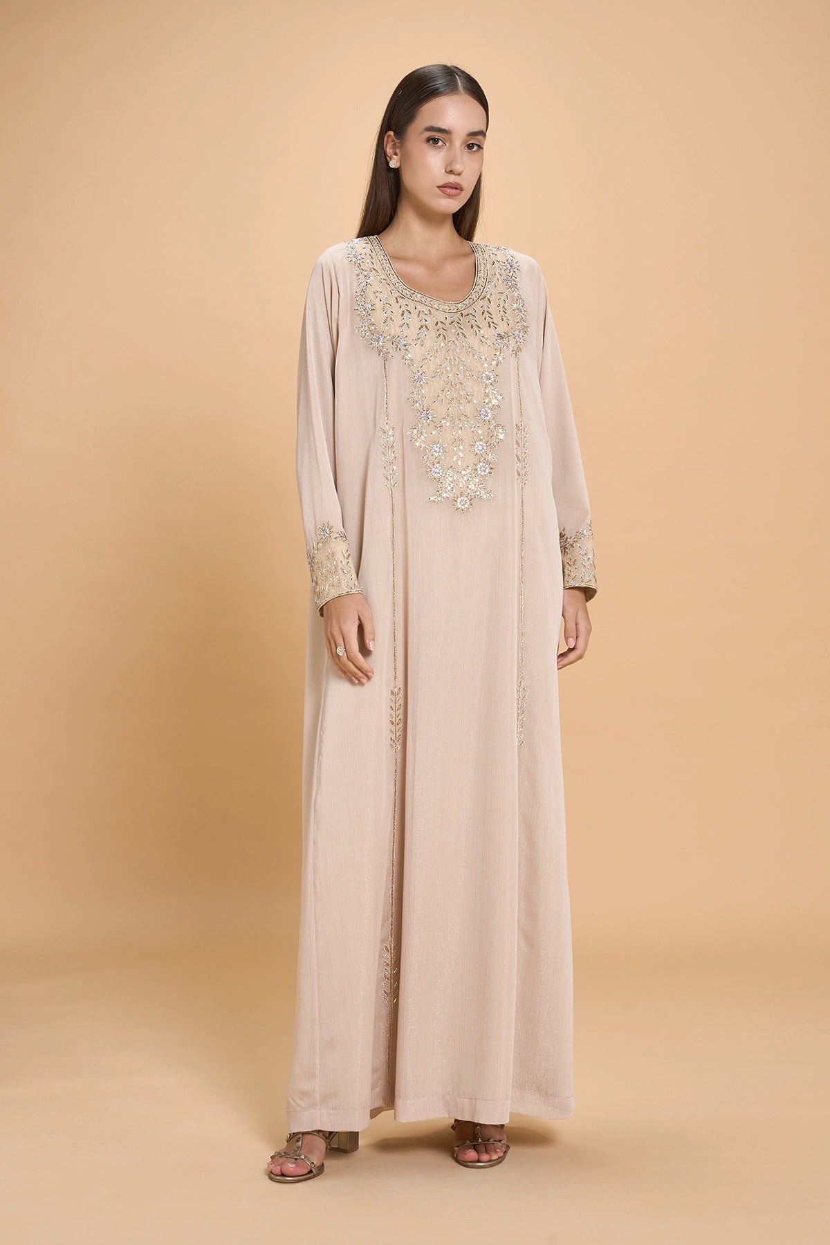 Daily Wear Jalabia With Embroidery And Crystals -Beige
