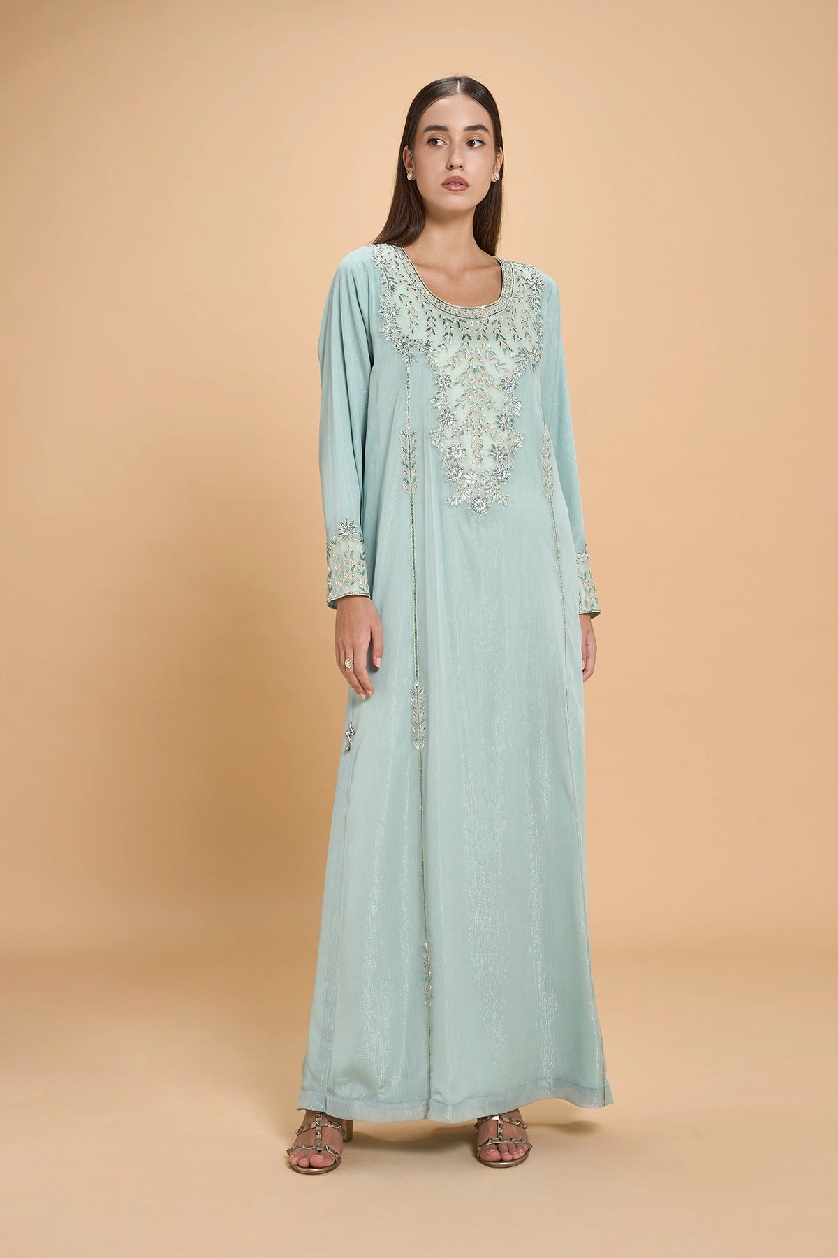 Daily Wear Jalabia With Embroidery And Crystals -Green