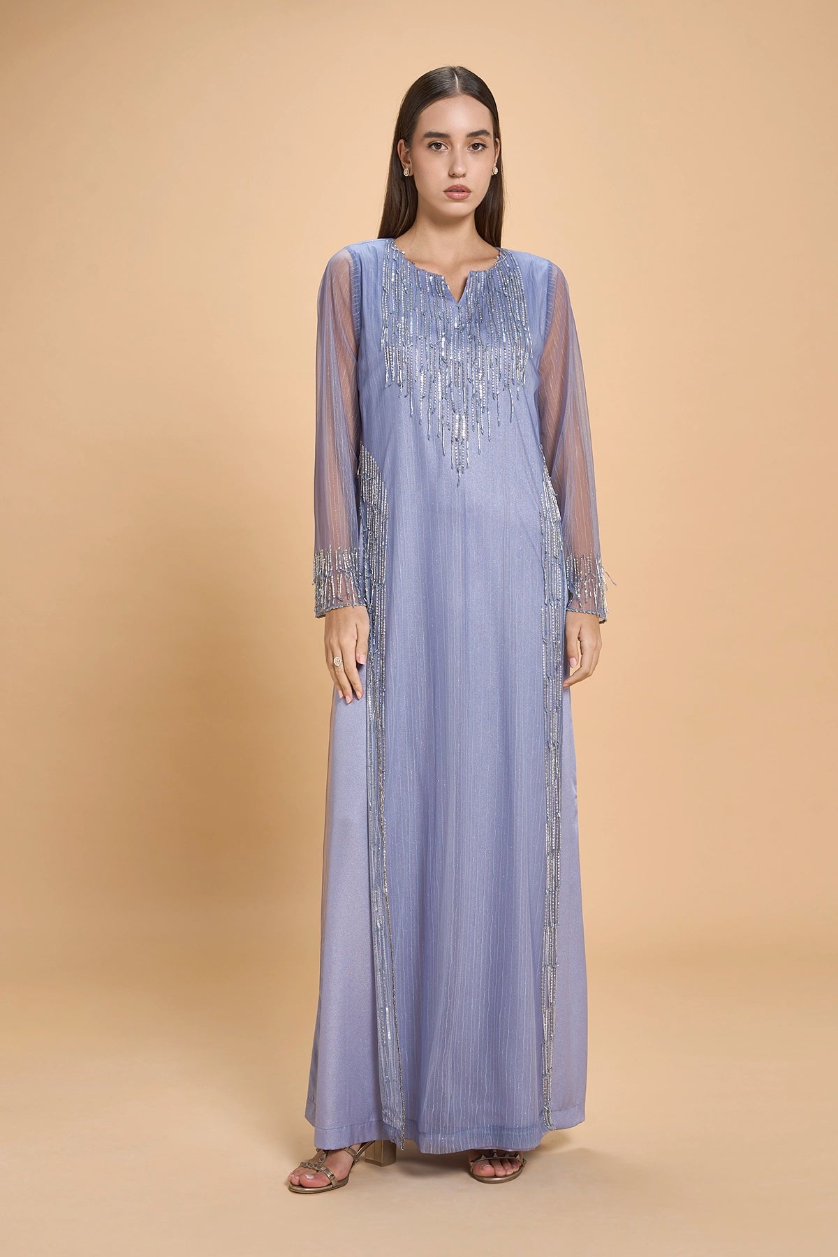 Hand Beaded Jalabia For Occasions - Navy Blue