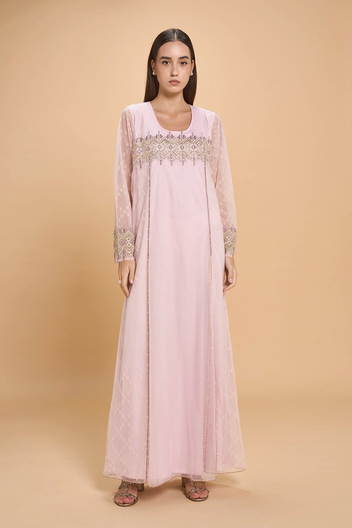Party Wear Jalabia With Crystals And Embroidery -Pink