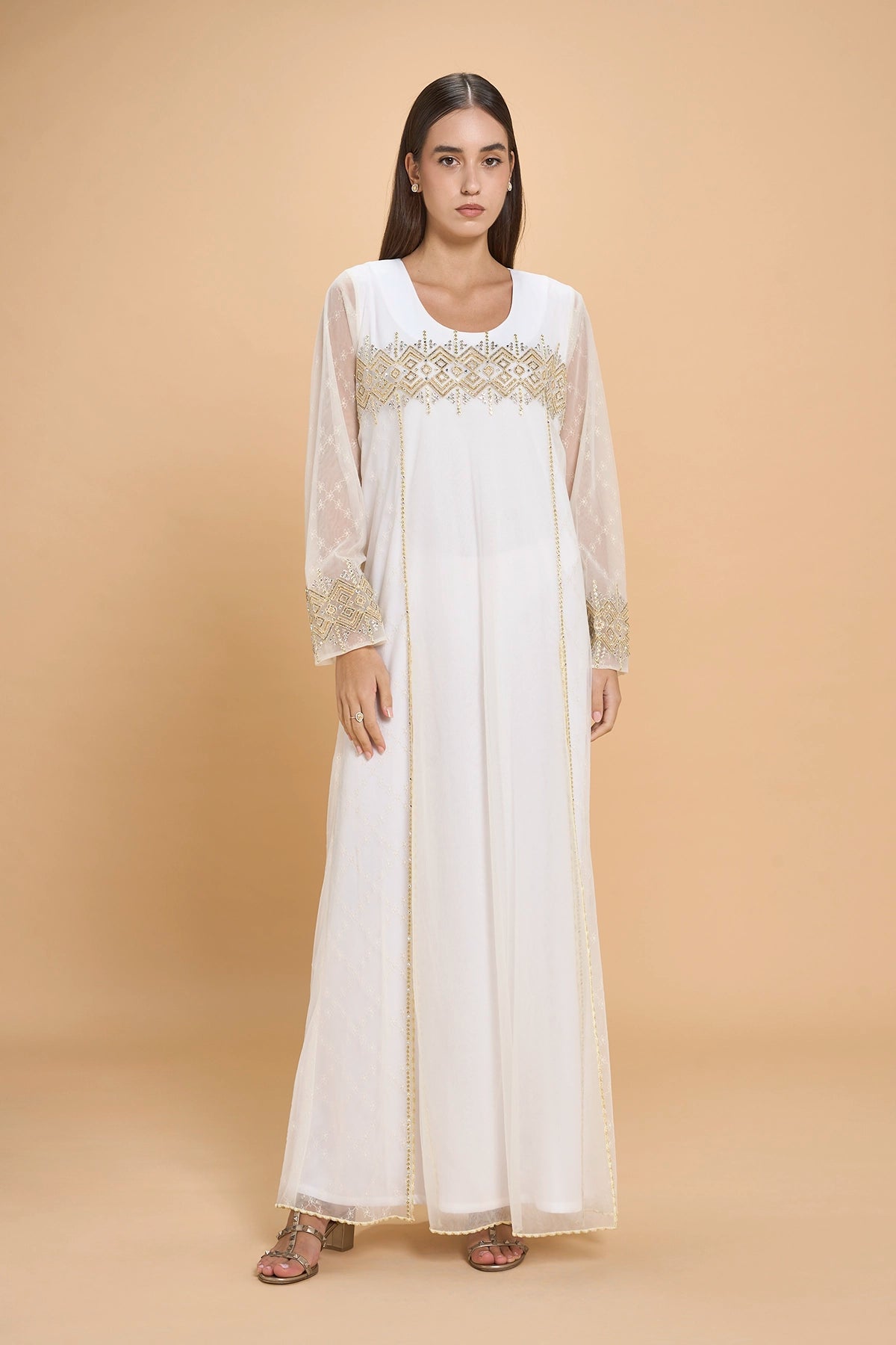 Party Wear Jalabia With Crystals And Embroidery -White