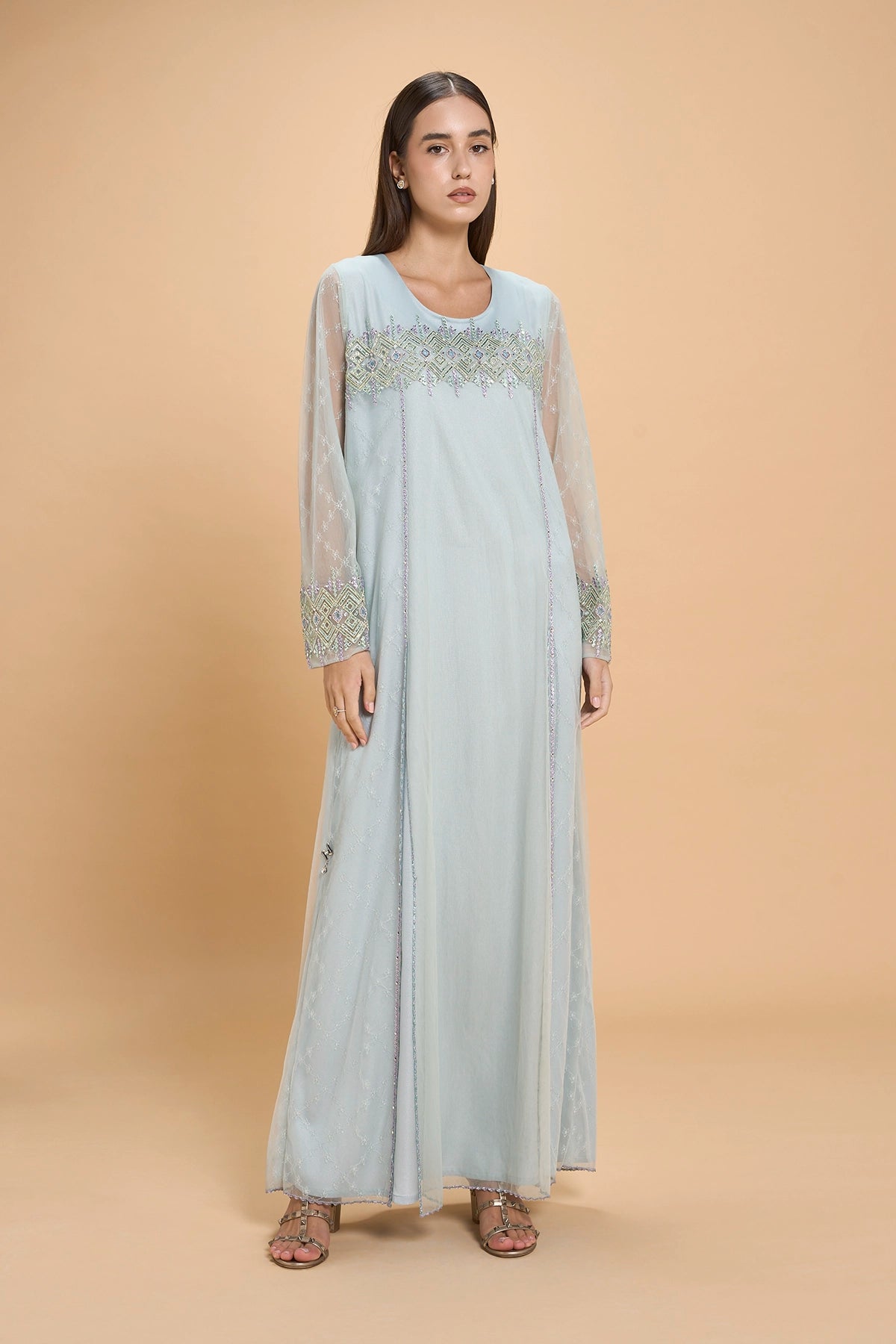 Party Wear Jalabia With Crystals And Embroidery -Blue