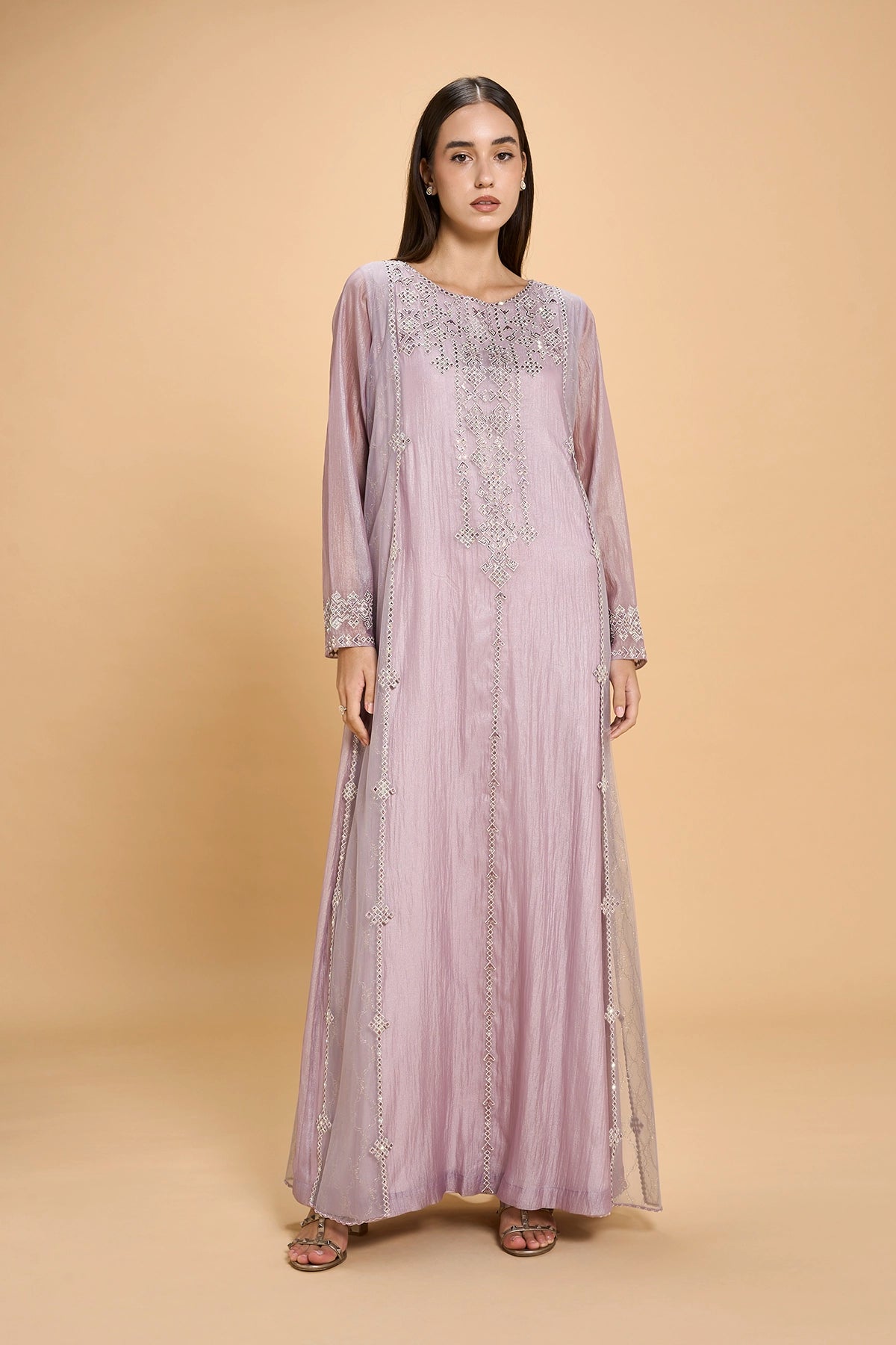 Party Wear Jalabia With Crystals And Embroidery - Lavender