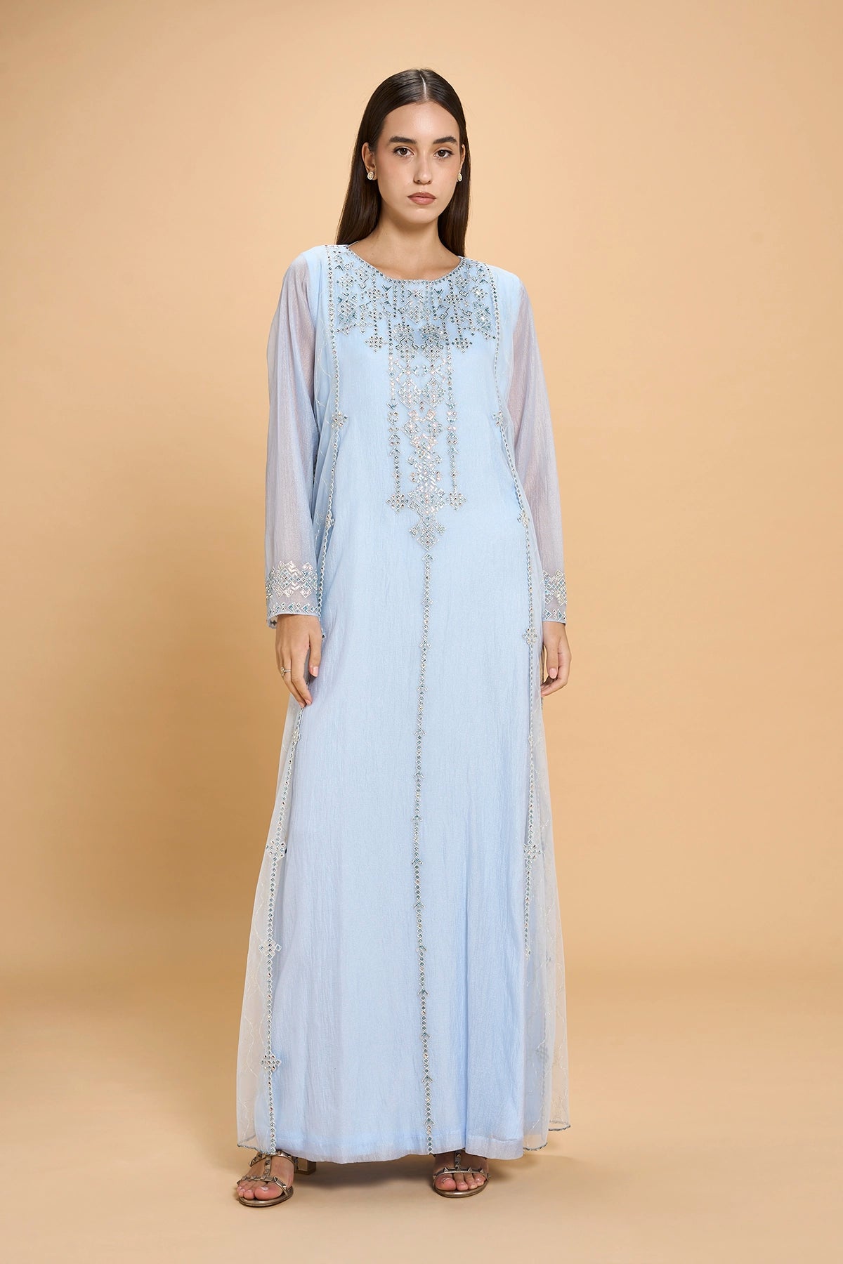 Party Wear Jalabia With Crystals And Embroidery -Blue