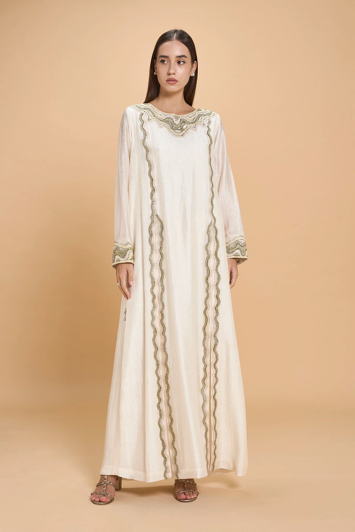 Party Wear Jalabia With Crystals And Embroidery -White