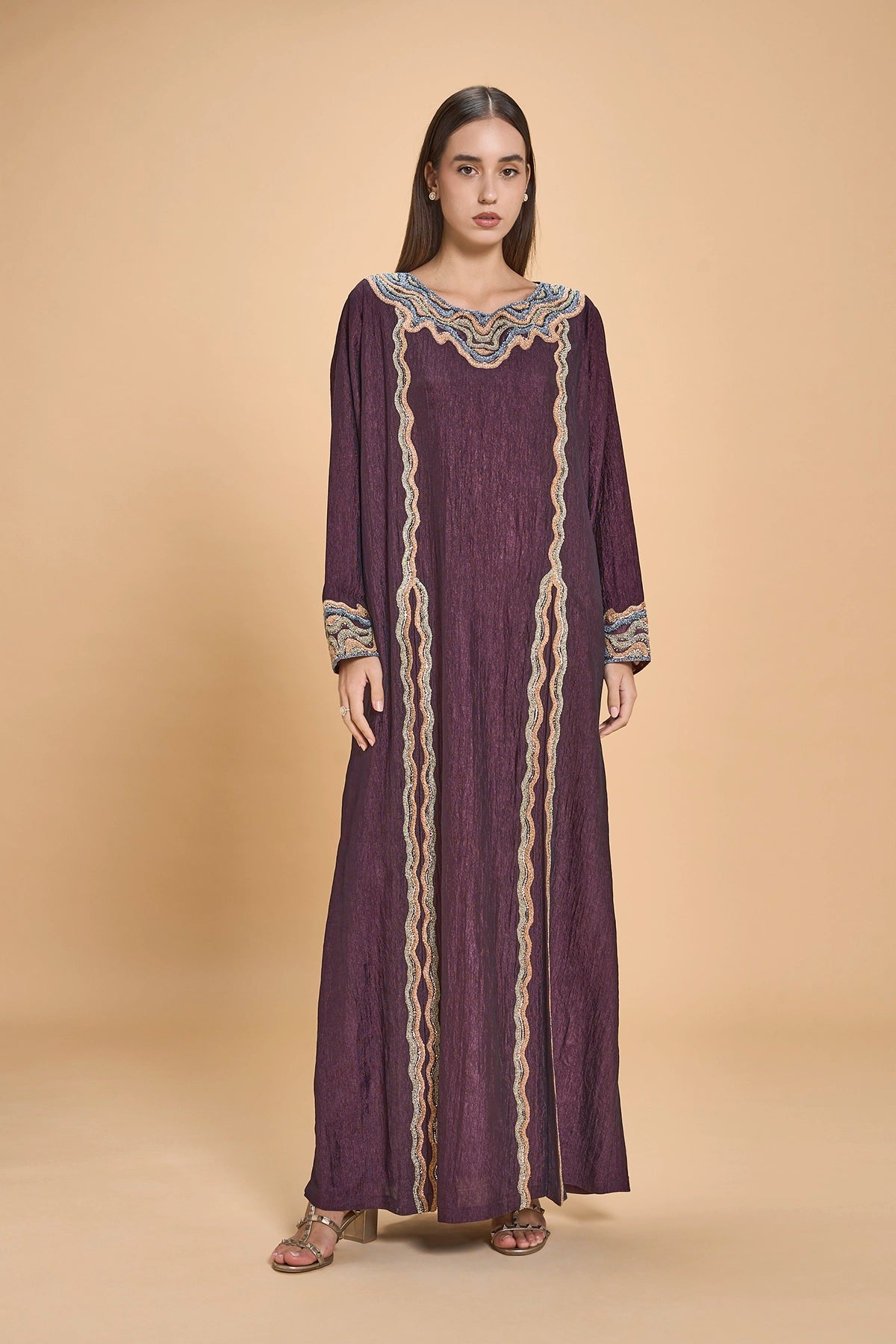 Party Wear Jalabia With Crystals And Embroidery - Dark Purple