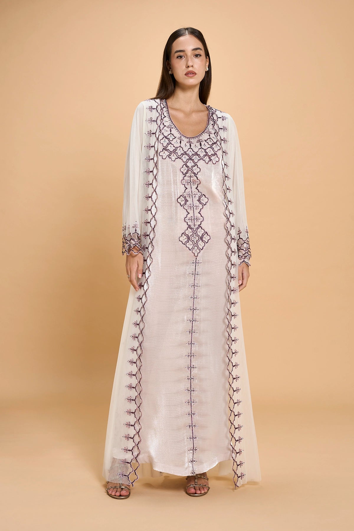 Party Wear Jalabia With Crystals And Embroidery -White