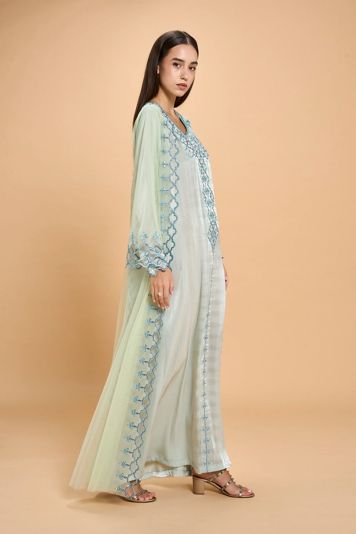 Party Wear Jalabia With Crystals And Embroidery -Green