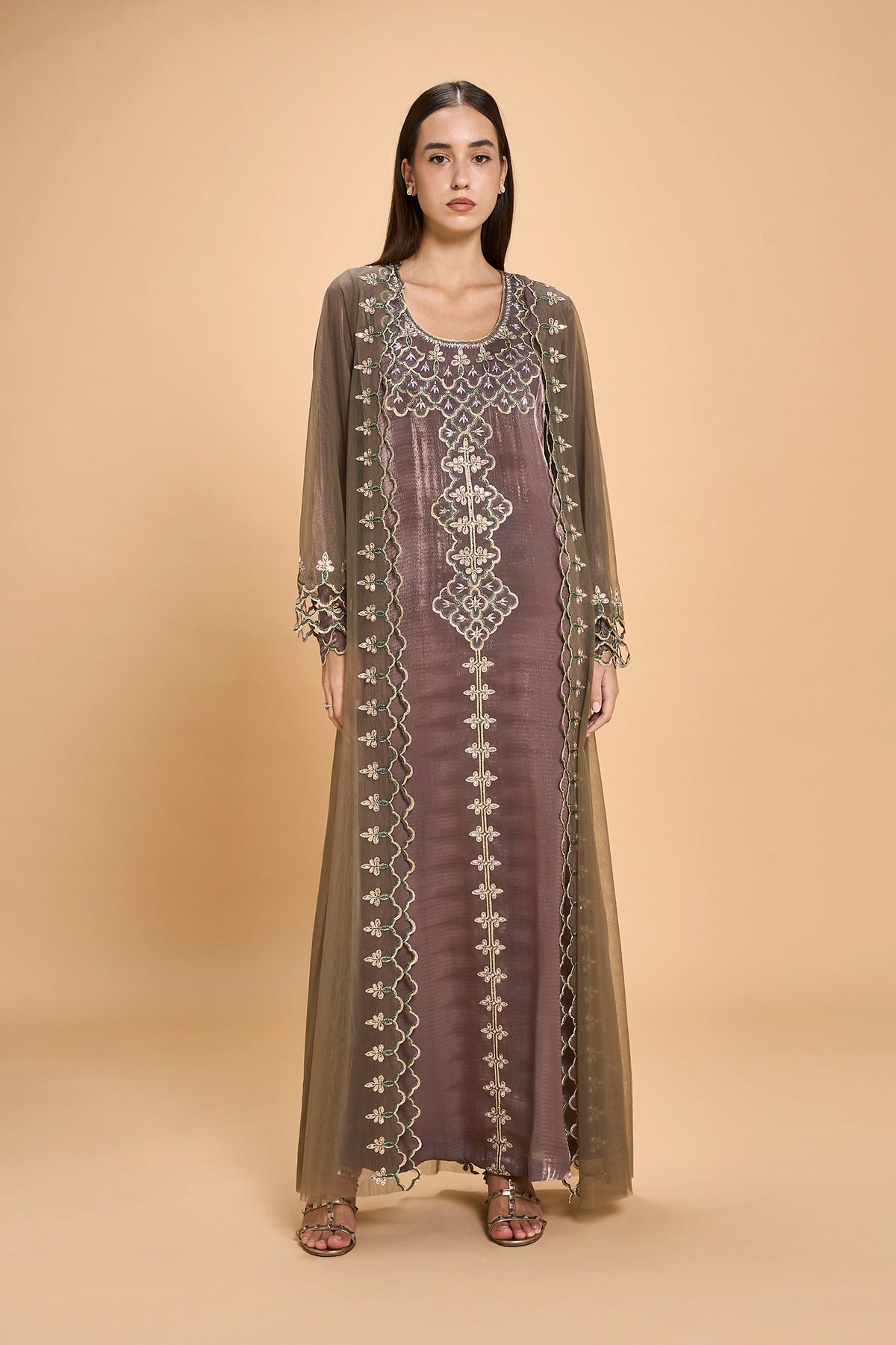 Party Wear Jalabia With Crystals And Embroidery -Brown