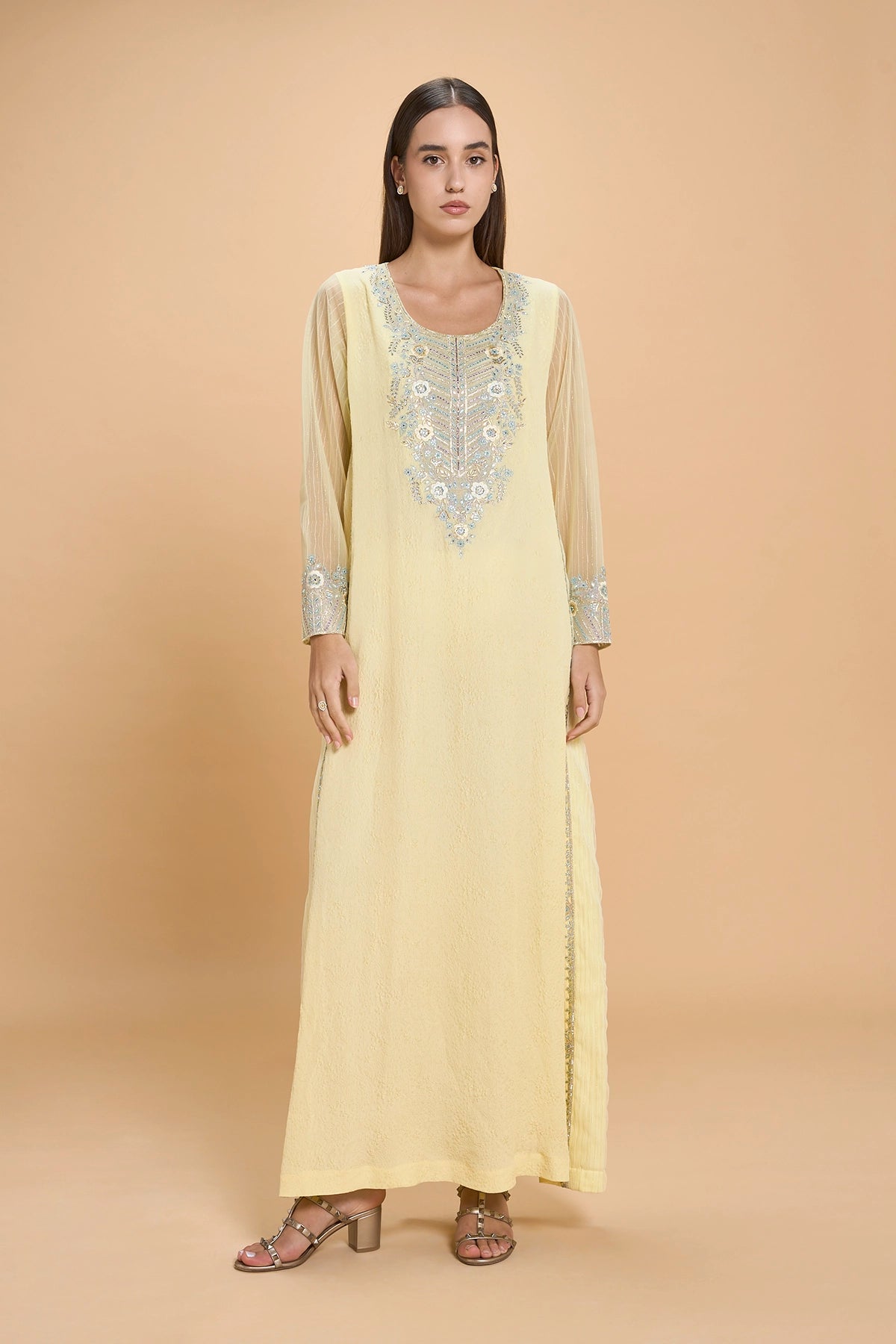 Party Wear Jalabia With Crystals And Embroidery -Yellow