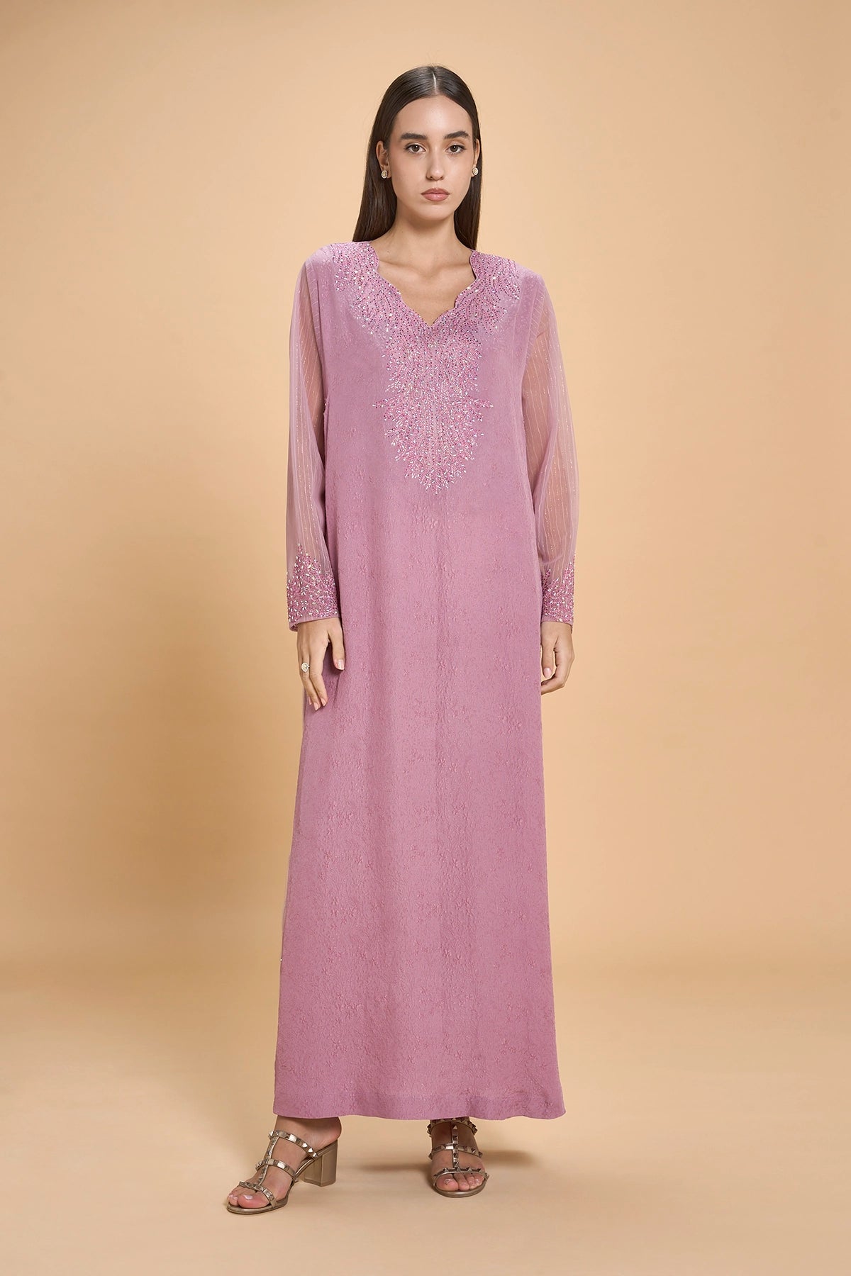 Party Wear Jalabia With Crystals And Embroidery -Mauve Pink