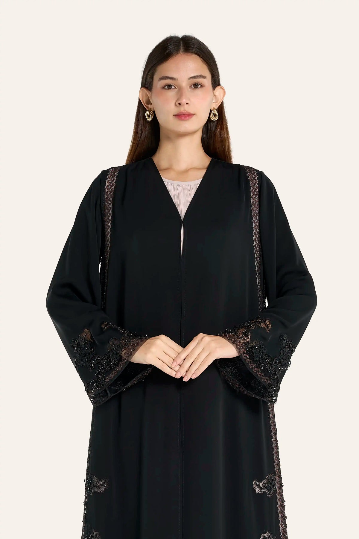 VIP Black Geometric Floral Dori Embroidery Abaya