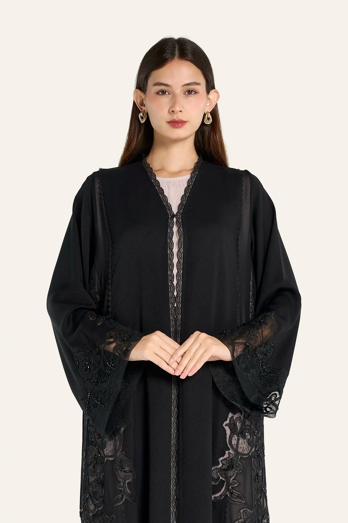 VIP Black French Lace Floral Crystal Abaya