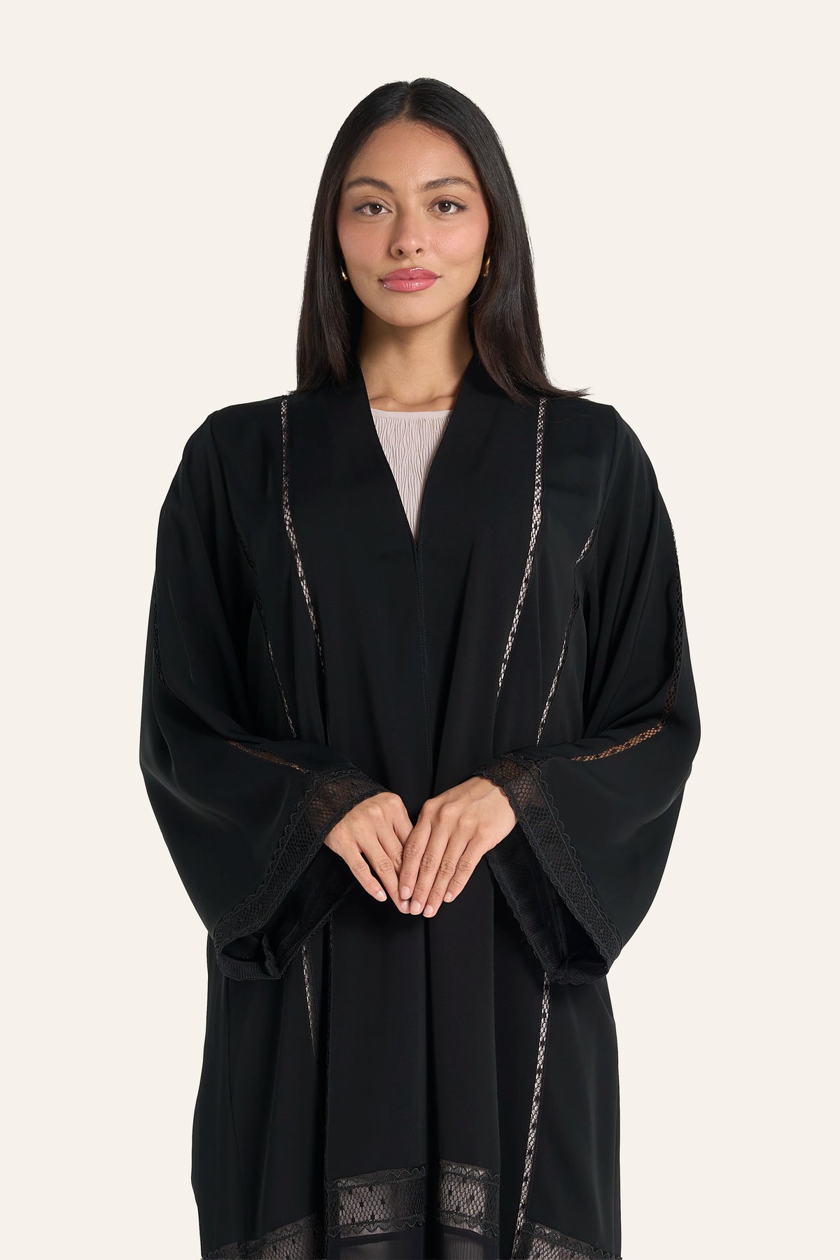Louzan Black Abaya In Nida, Dantel Lace And Chiffon