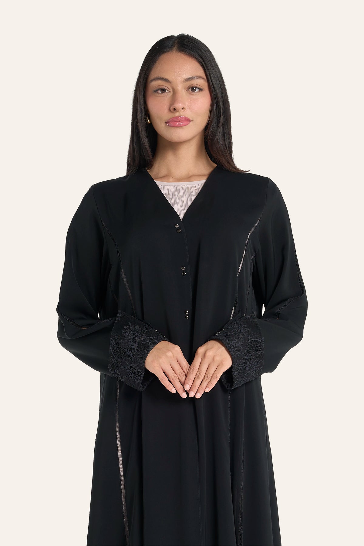 Louzan Black Floral Motifs Abaya In Nida And Dantel Lace