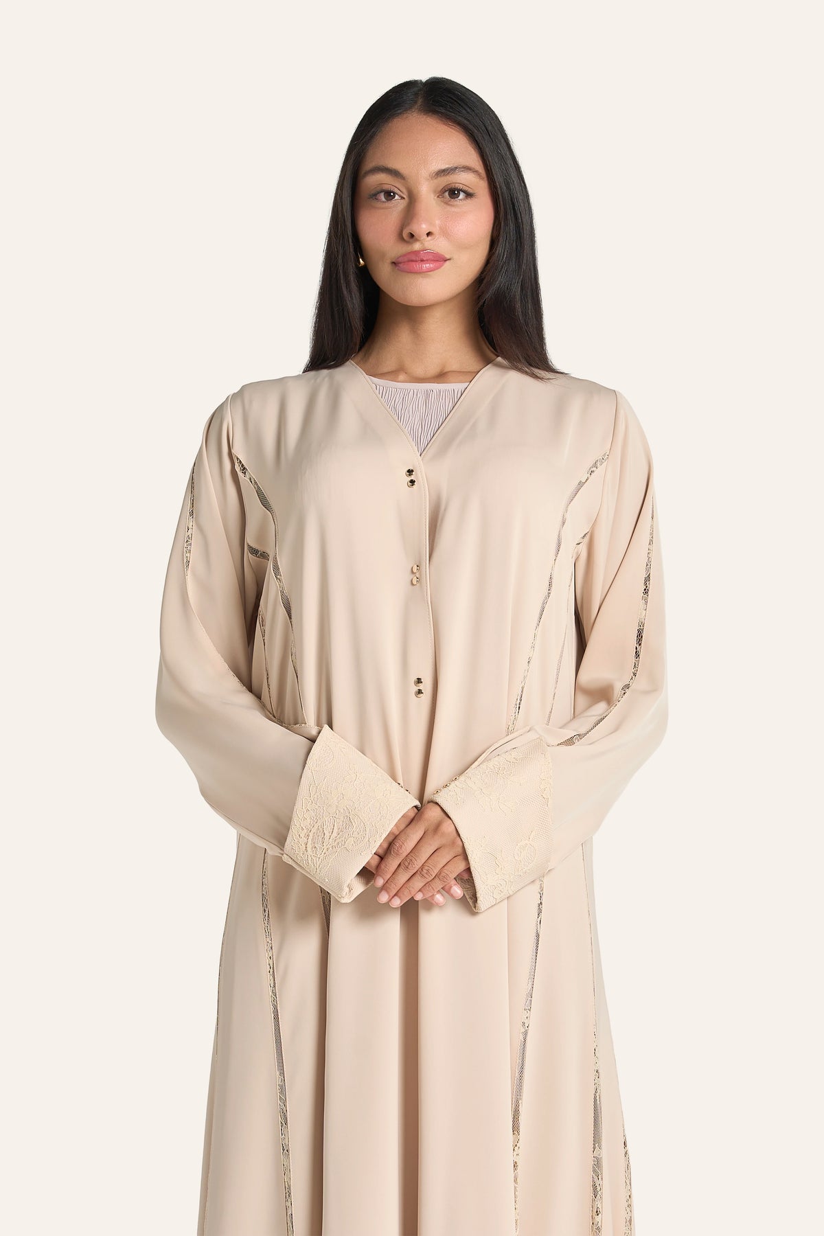 Louzan French Vanilla Abaya In Colored Nida And Dantel Lace