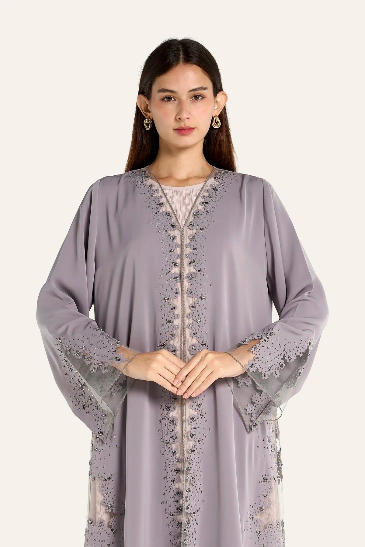 VIP Grey Abstract Laser-Cut Crystal Abaya