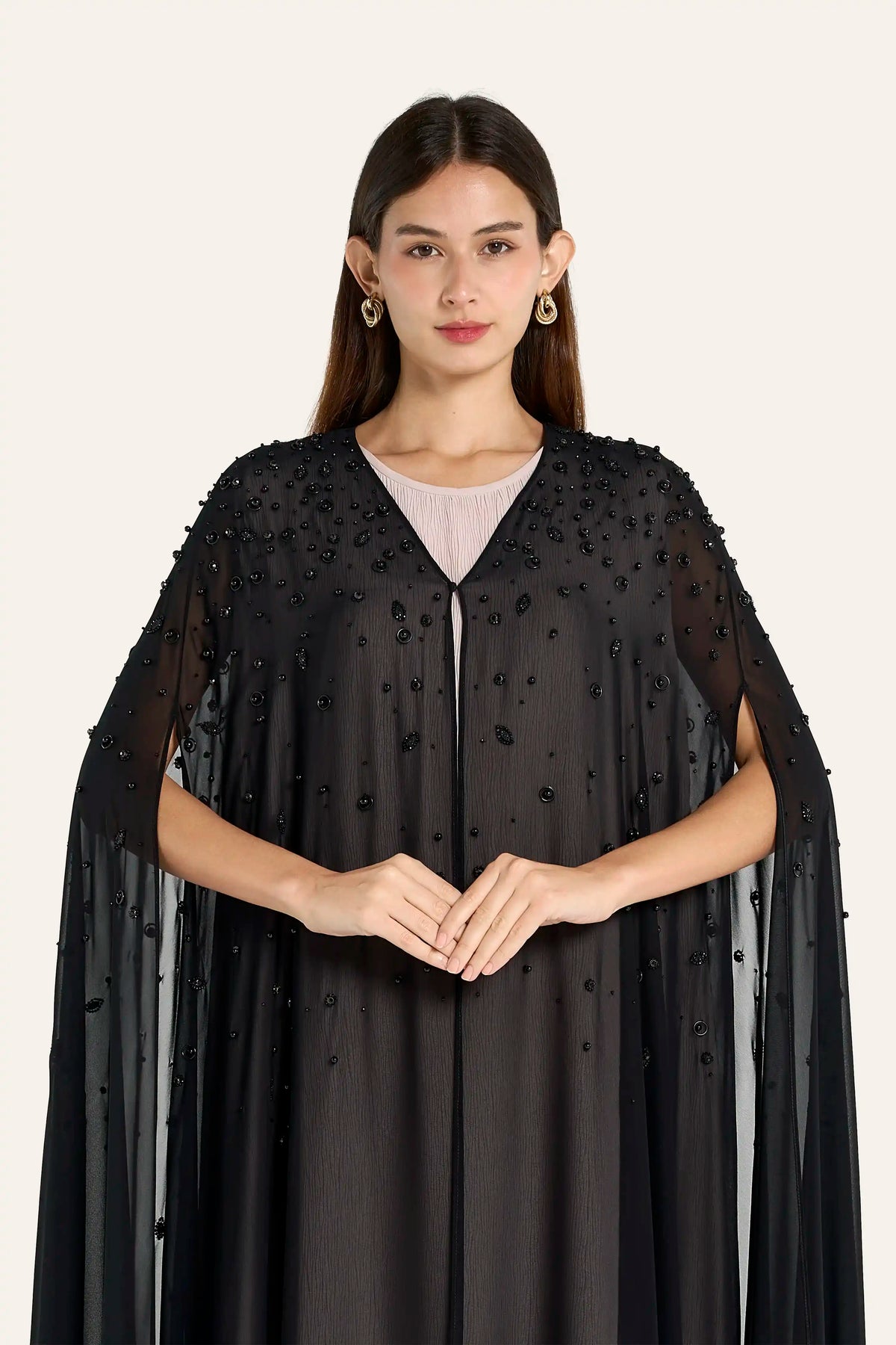 Louzan Chiffon Cape Wedding Abaya with Pearls