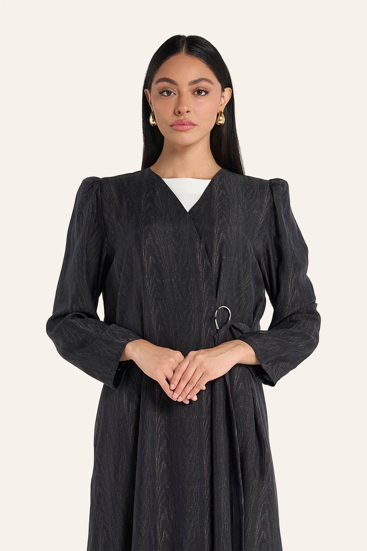 Gunmetal Wood Grain Chiffon Abaya with Puff Sleeves & Overlap Front