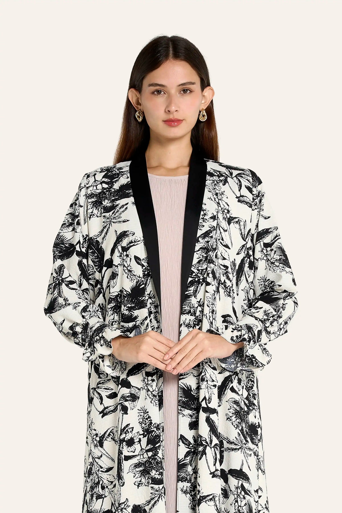 Ousha Printed Textured Crepe Shawl Collar Abaya