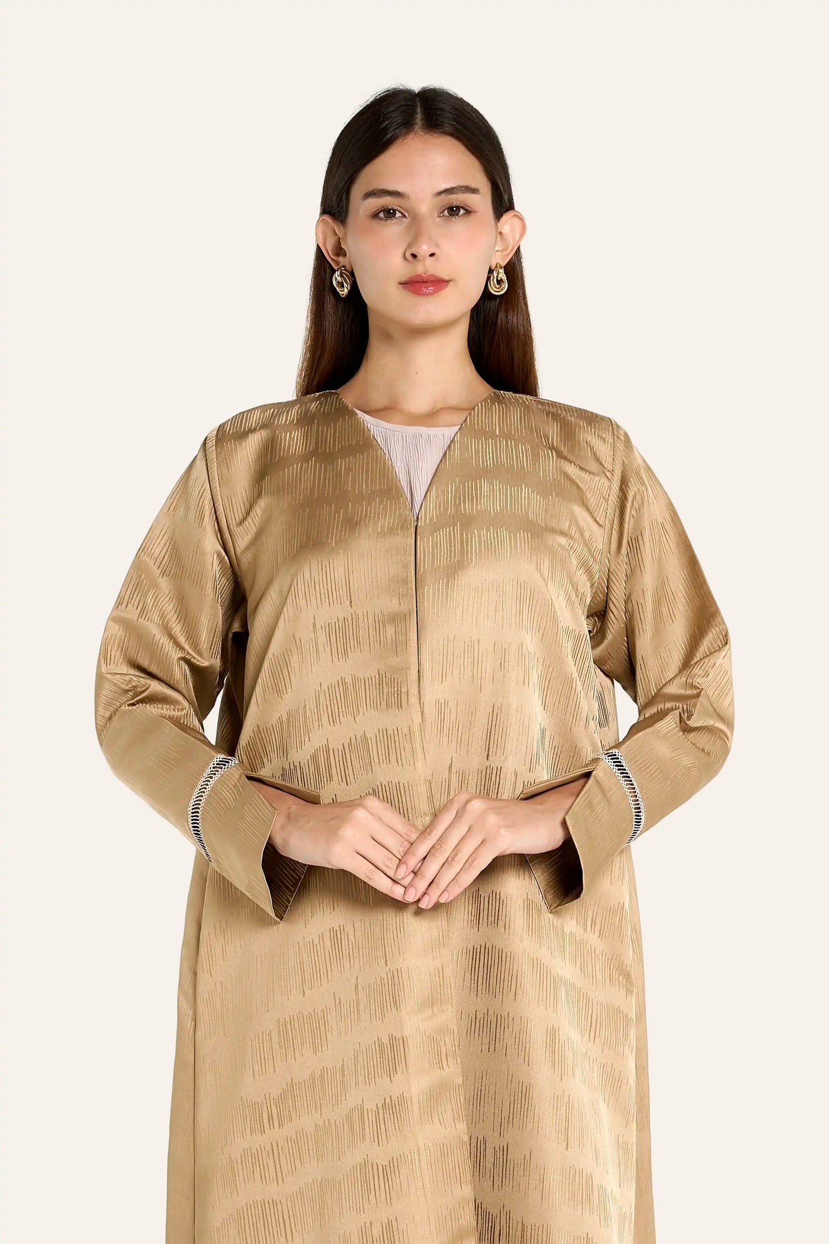 Ousha Sand Satin Jacquard Geometric Cuff Abaya