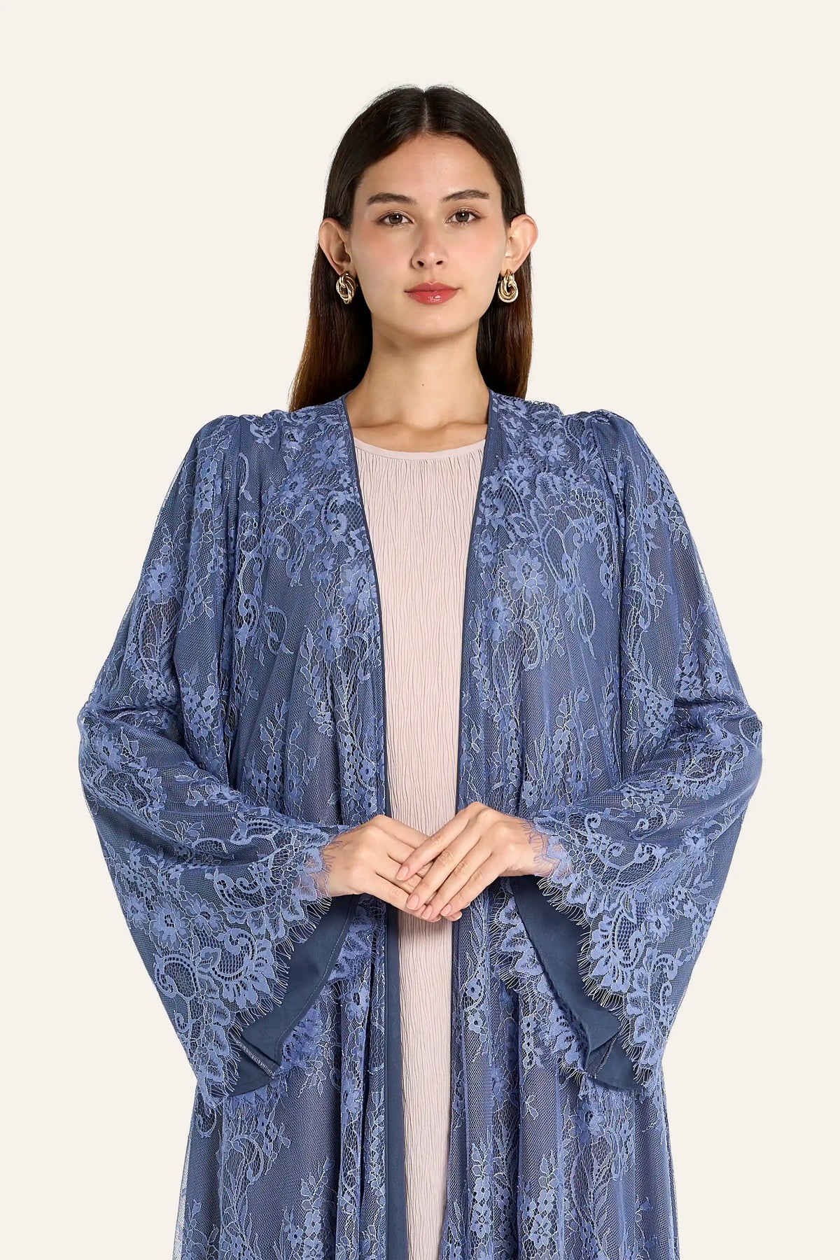 Ousha Colored Bias-Cut Lace Chiffon Abaya