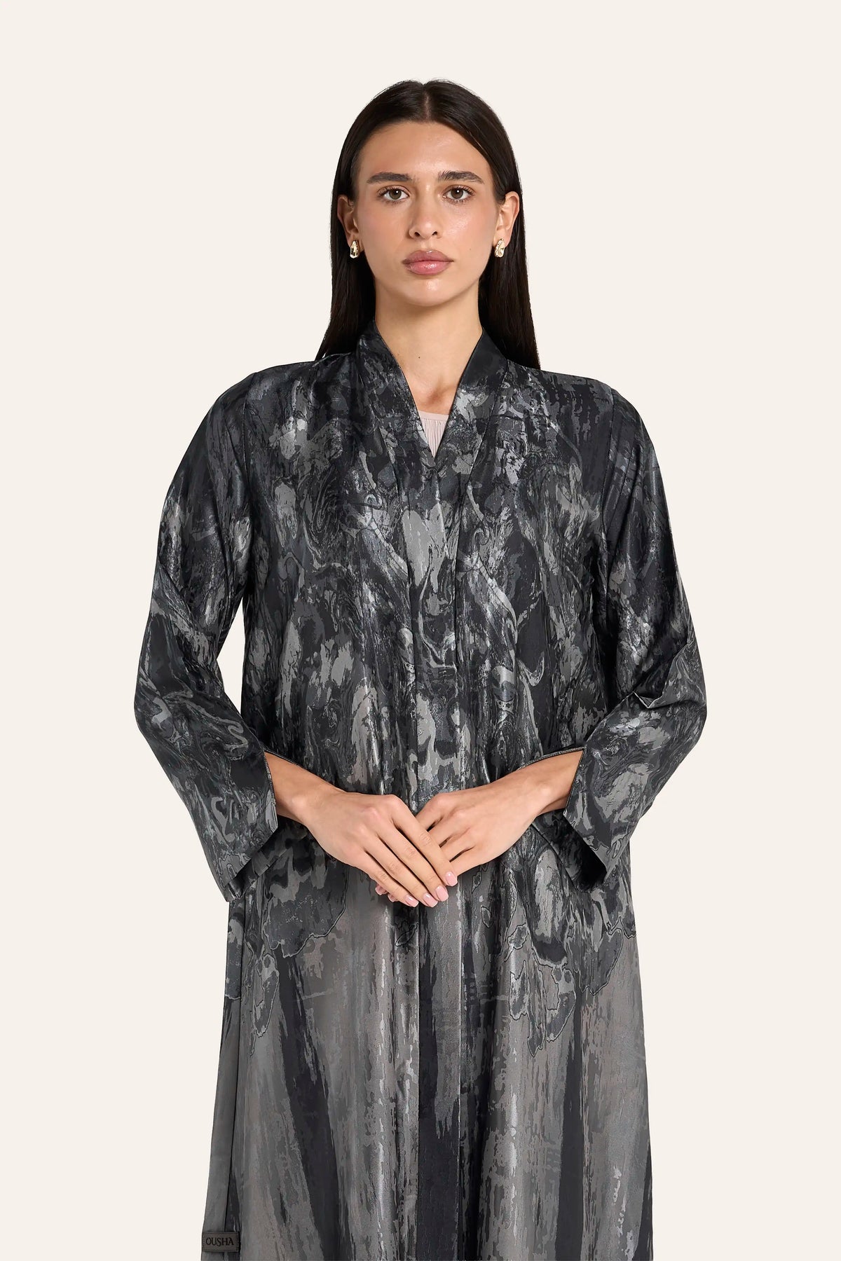 Ousha Abstract Jacquard Abaya - Grey - Image 1