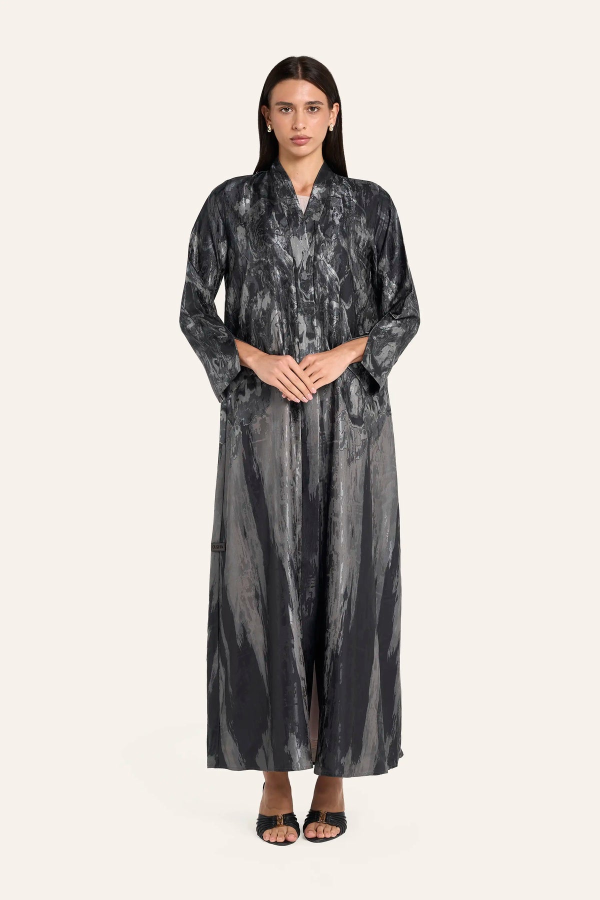 Ousha Abstract Jacquard Abaya - Grey - Image 2