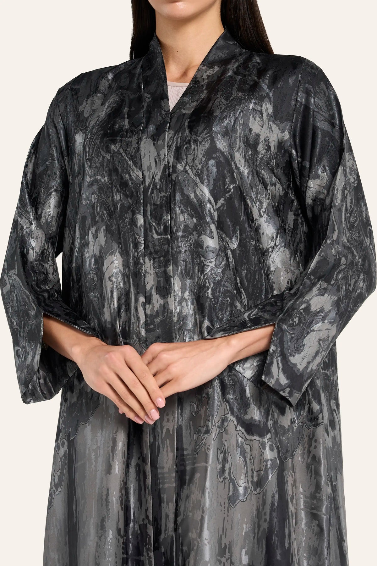 Ousha Abstract Jacquard Abaya - Grey - Image 5