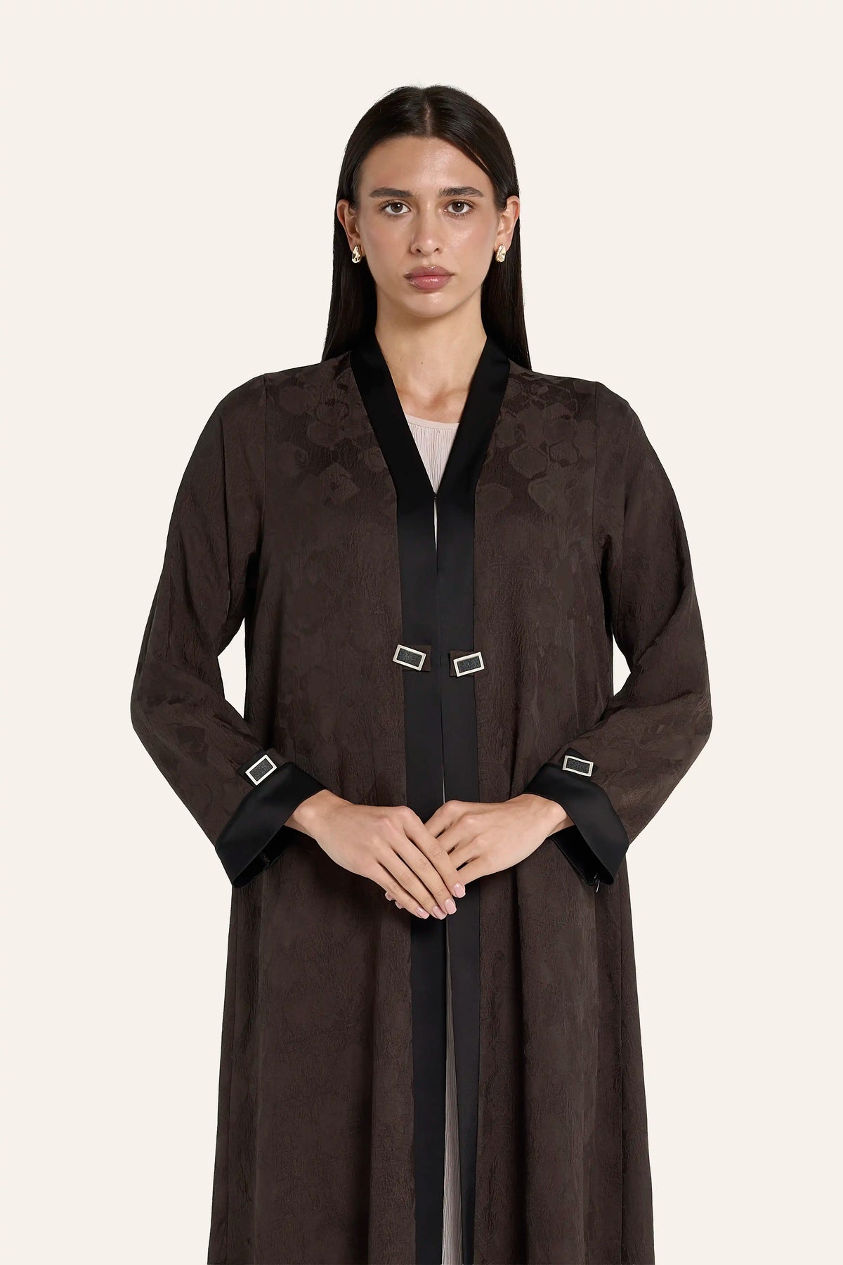 Ousha Satin Enamel Button Abaya - Umber - Image 1