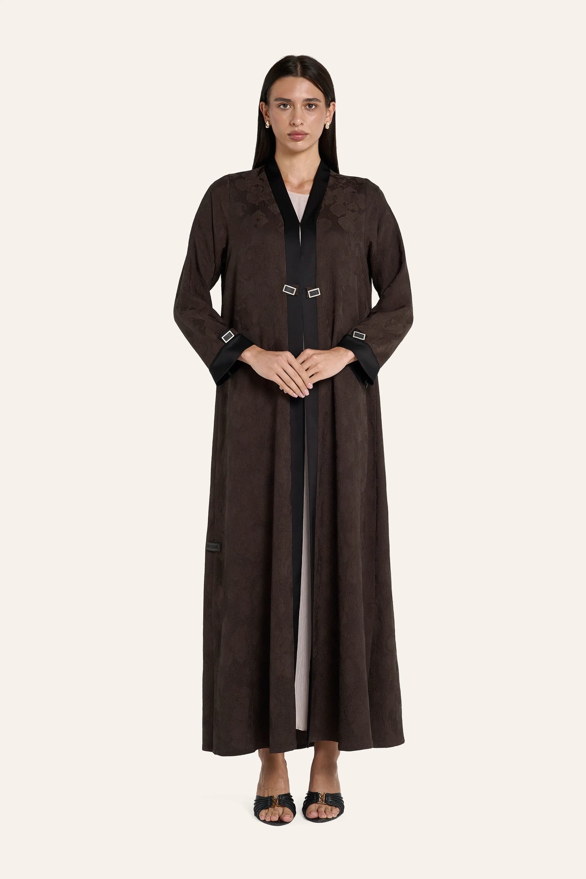 Ousha Satin Enamel Button Abaya - Umber - Image 2
