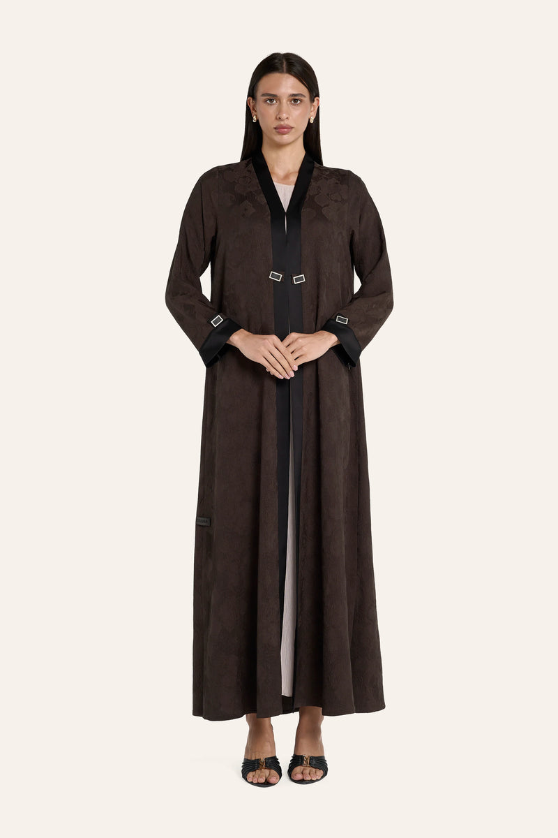Ousha Satin Enamel Button Abaya - Umber - Image 2