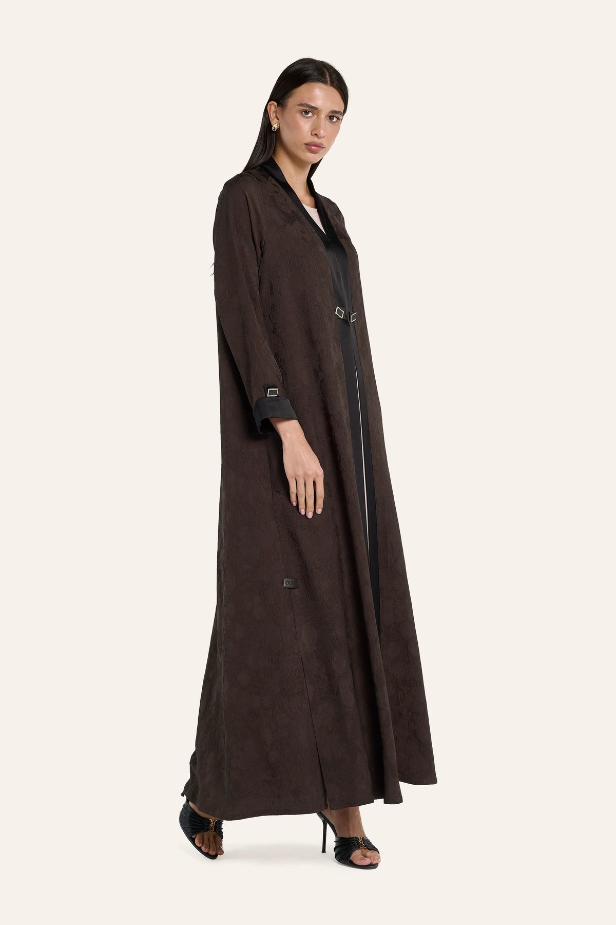 Ousha Satin Enamel Button Abaya - Umber - Image 3