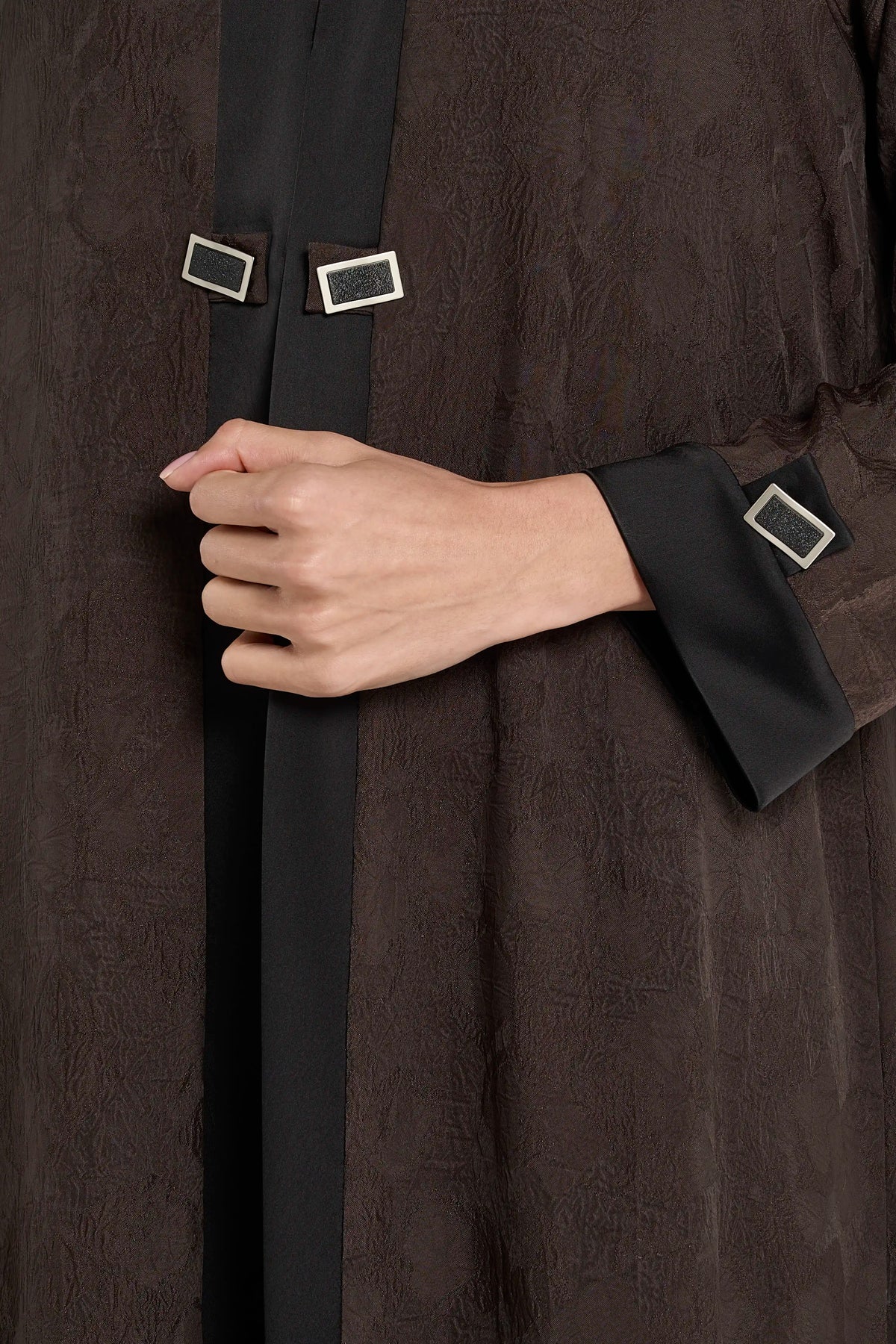 Ousha Satin Enamel Button Abaya - Umber - Image 5