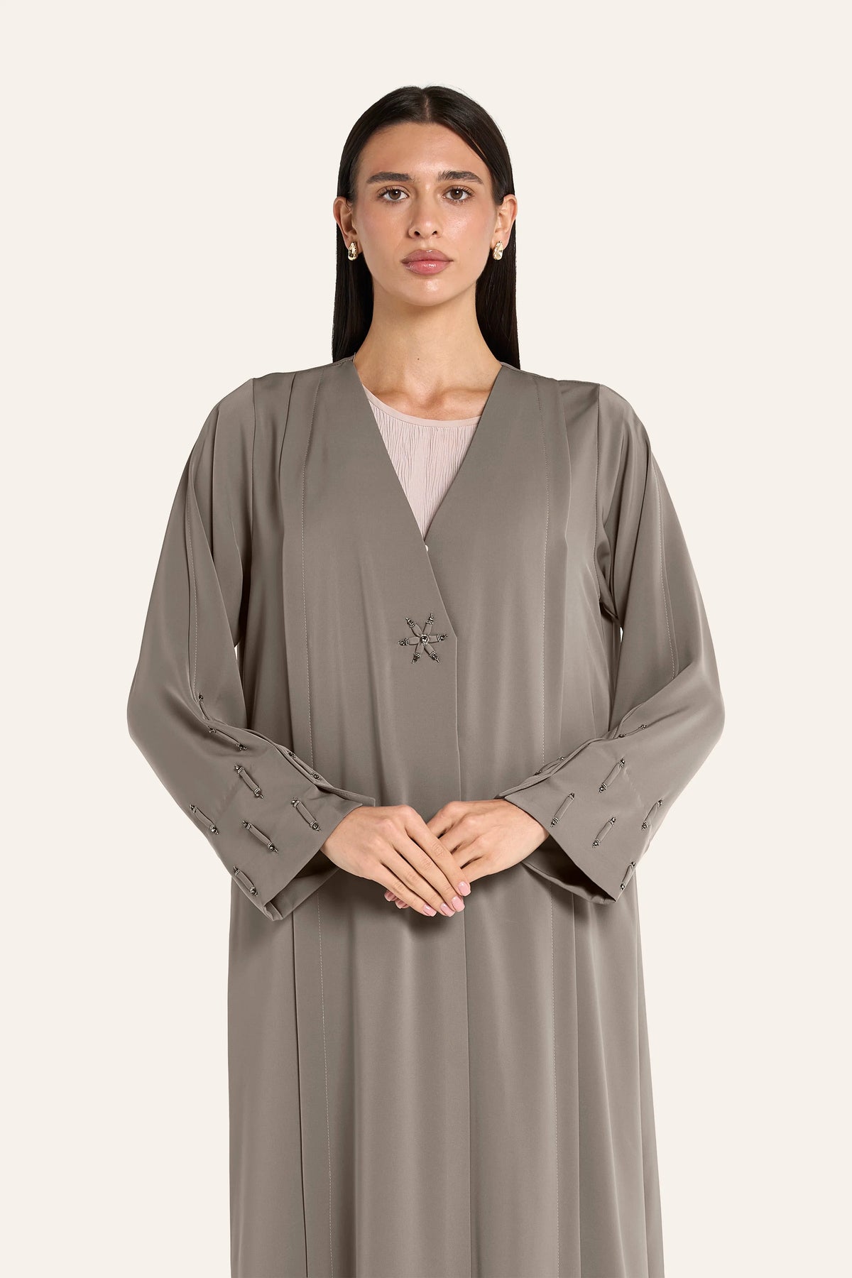 Ousha Laser-Cut Crystal Abaya - Khaki - Image 1