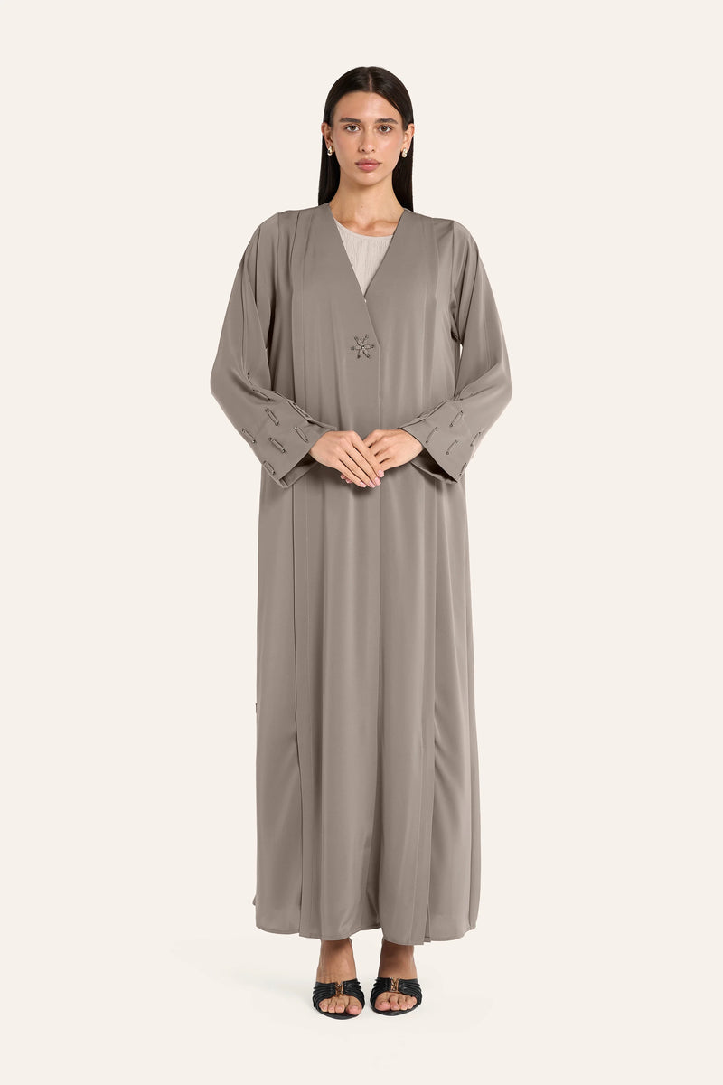 Ousha Laser-Cut Crystal Abaya - Khaki - Image 2