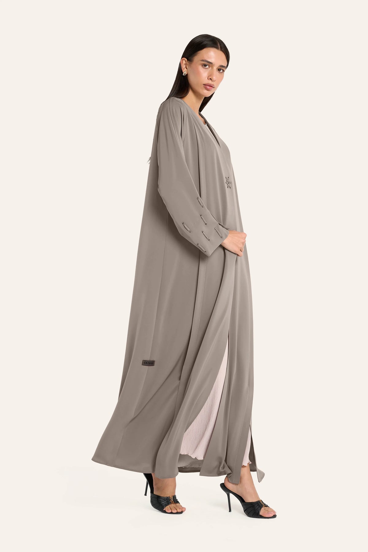 Ousha Laser-Cut Crystal Abaya - Khaki - Image 3