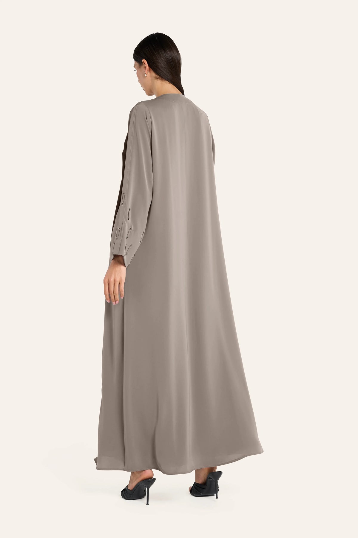 Ousha Laser-Cut Crystal Abaya - Khaki - Image 4