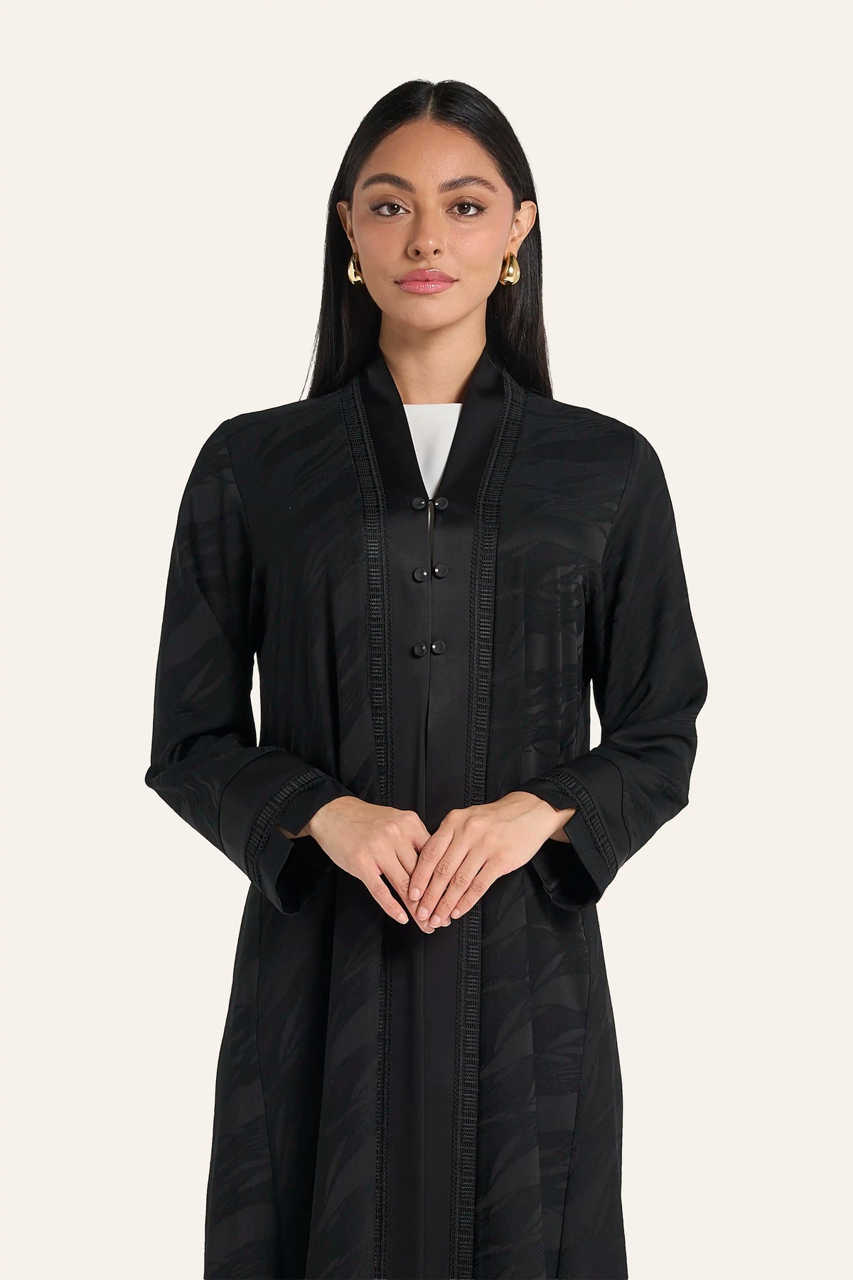Black Abstract Satin Jacquard Abaya with Lace Trim Cuffs