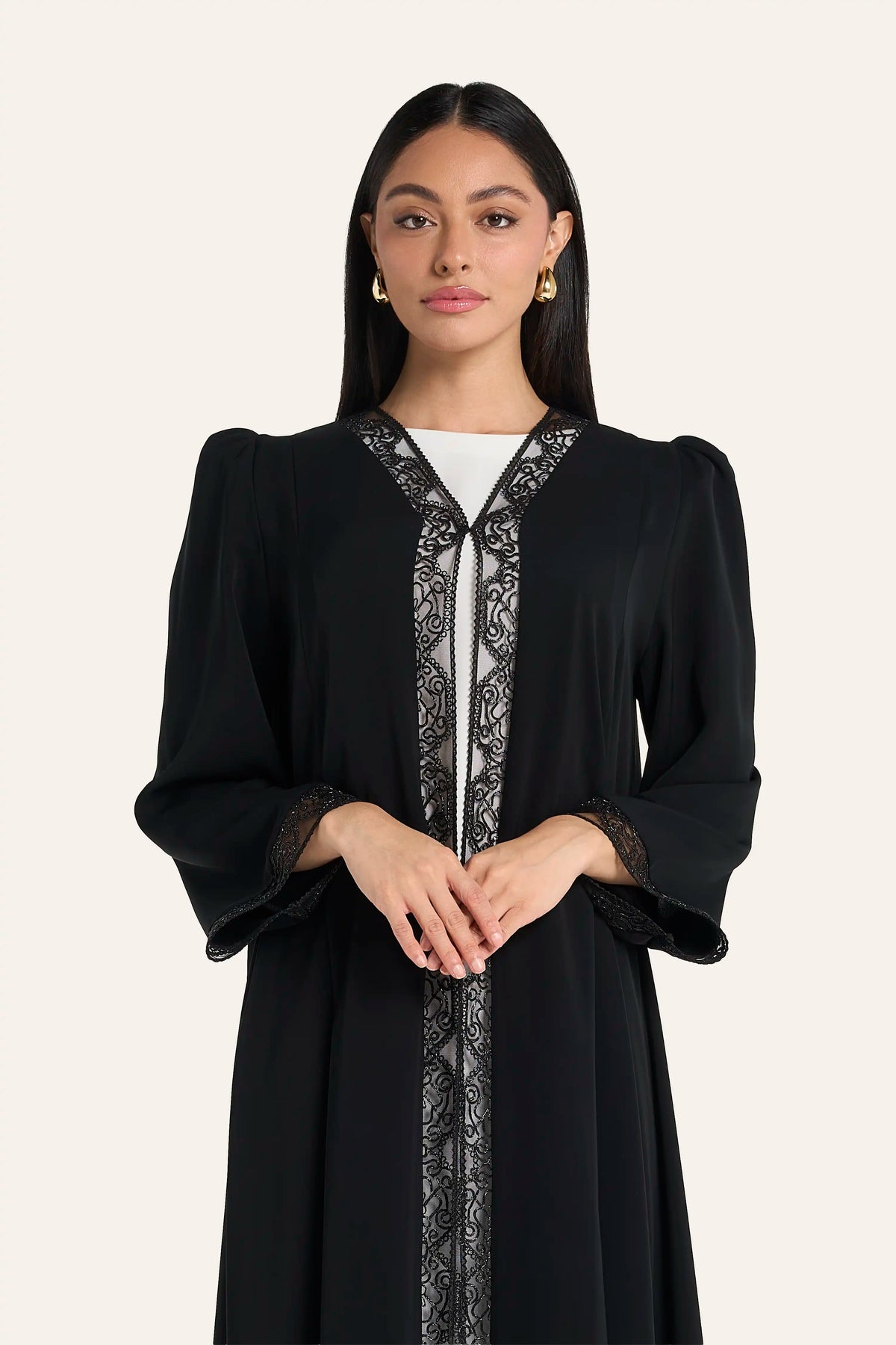 Black Nida Abaya with Baroque Geometric Dori Embroidery
