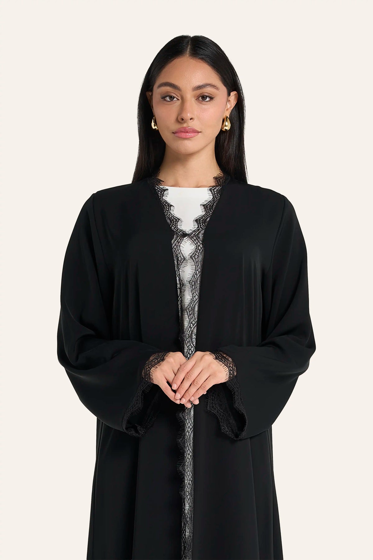 Black Nida Abaya with French Dantel Lace Front & Cuffs
