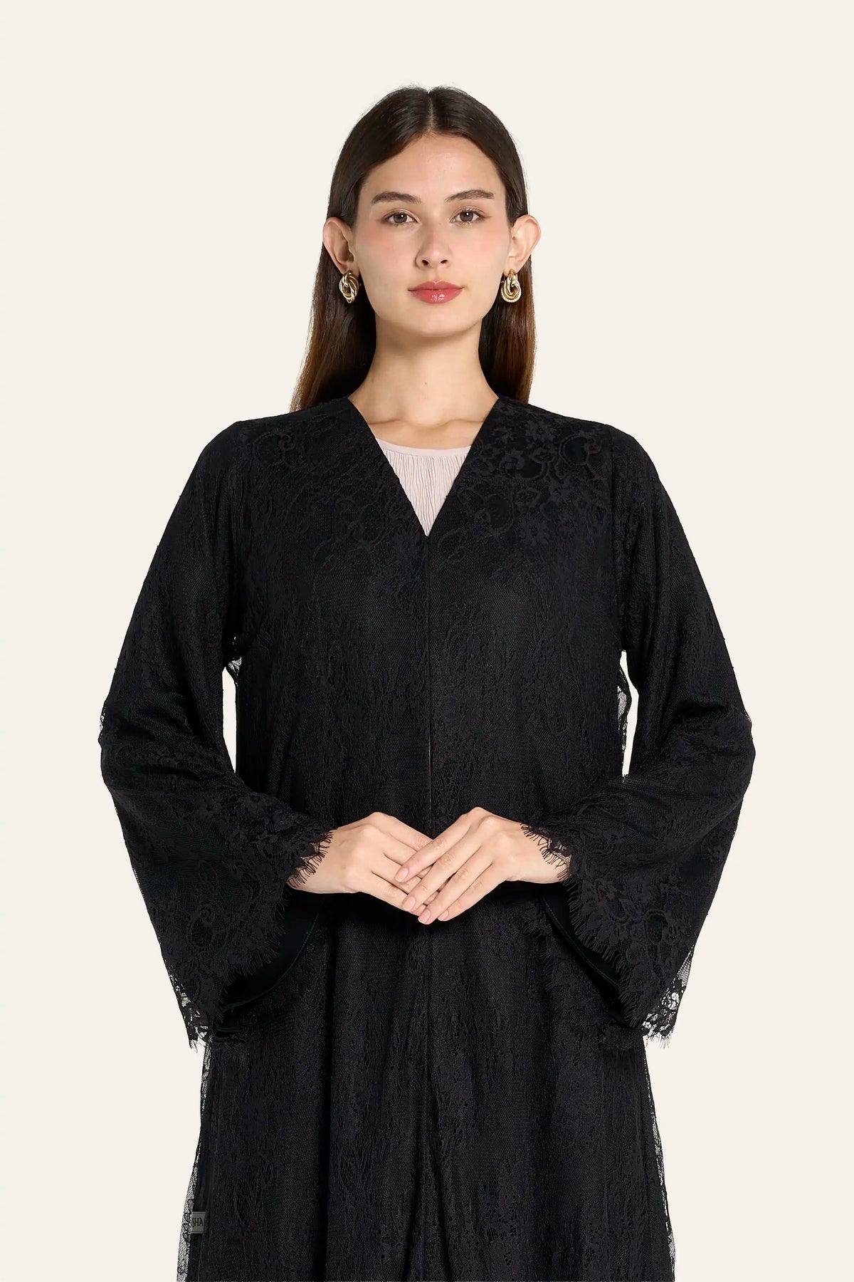 Ousha Bias-Cut Dantel Lace Chiffon Abaya