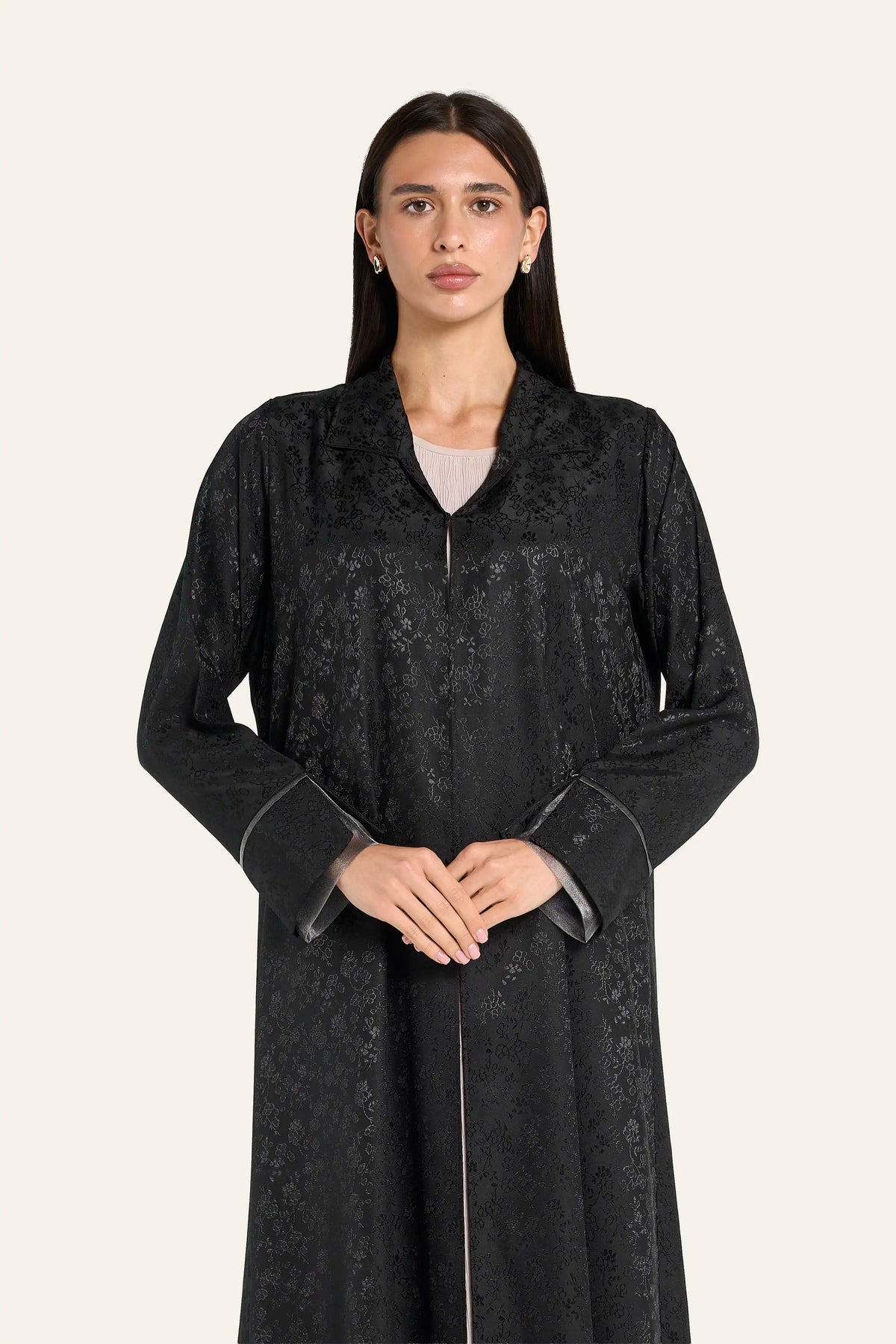Ousha Jacquard Tulle Abaya - Black - Image 1