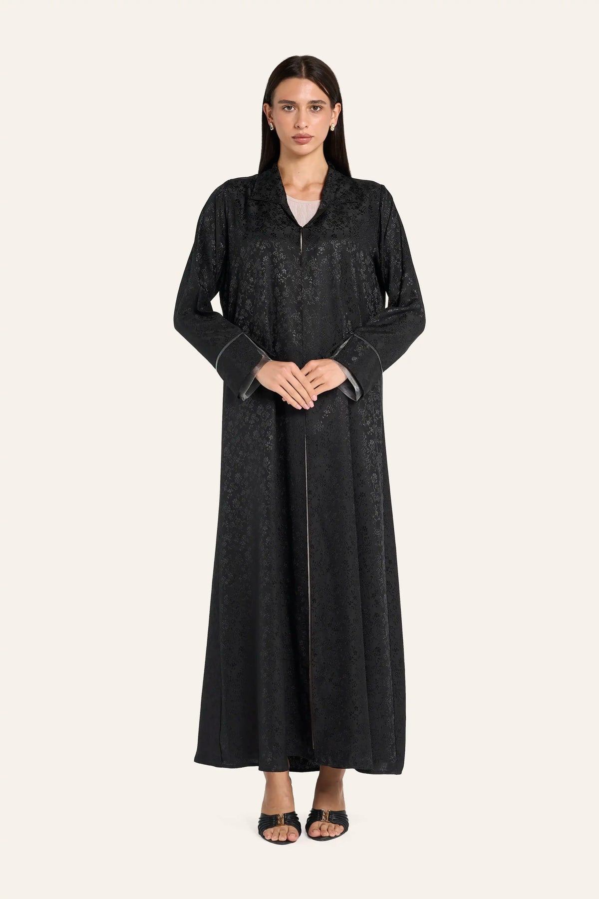 Ousha Jacquard Tulle Abaya - Black - Image 2