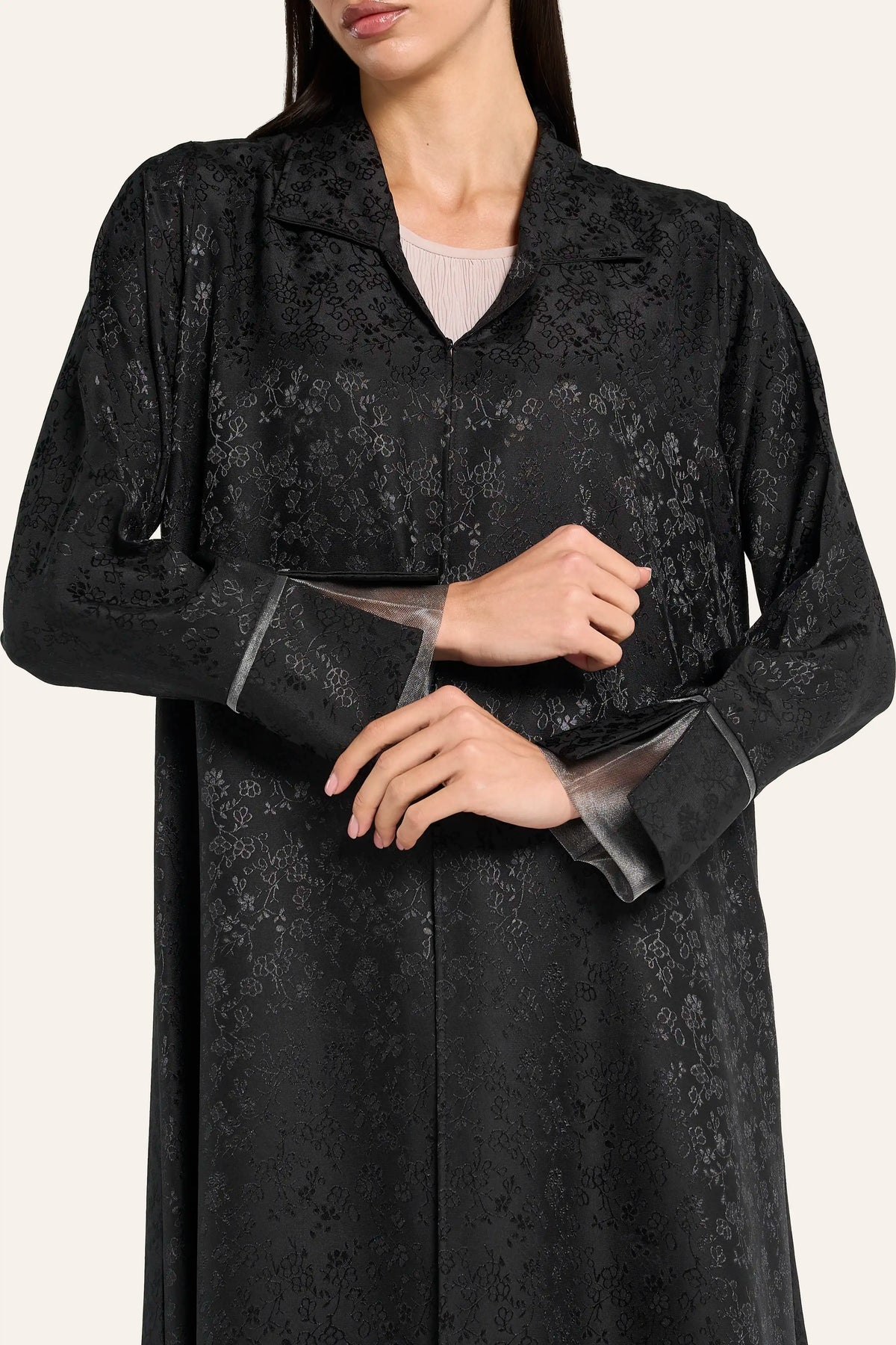 Ousha Jacquard Tulle Abaya - Black - Image 5