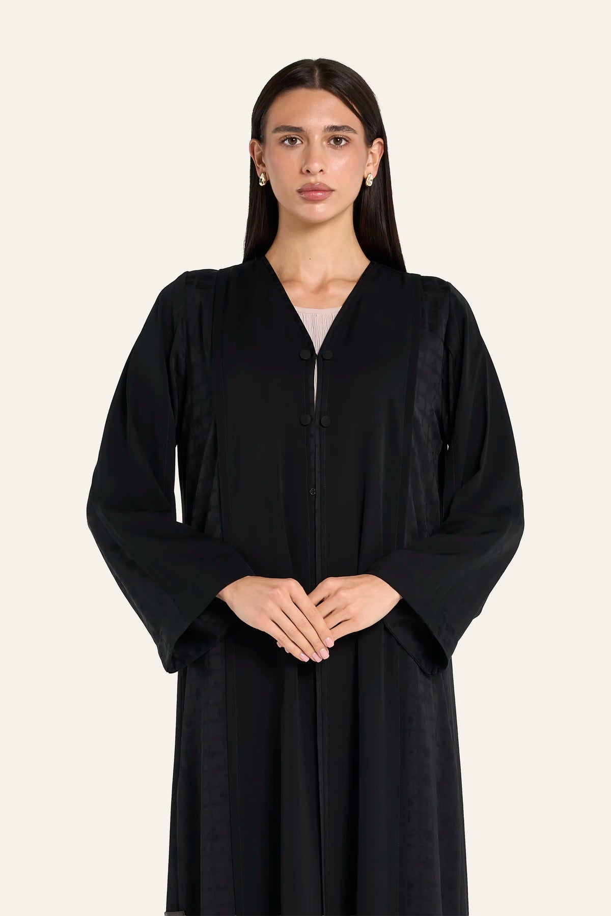 Ousha Jacquard Panel Abaya - Black - Image 1