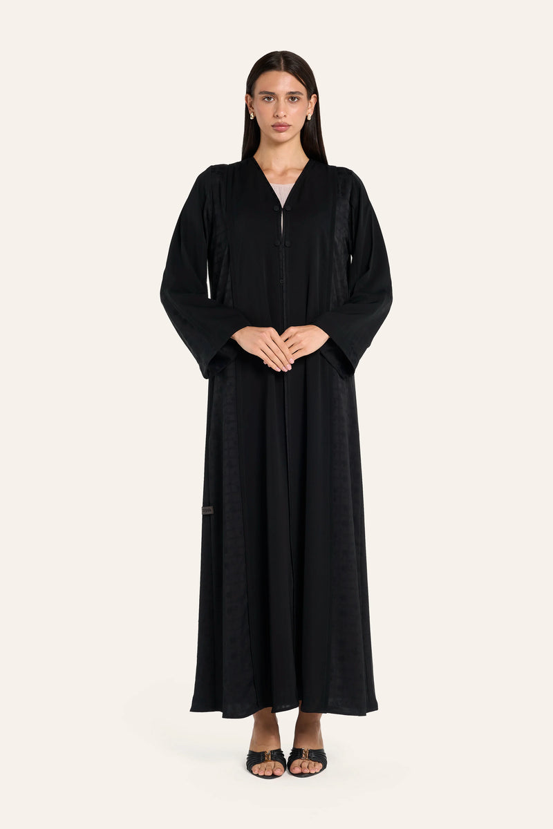 Ousha Jacquard Panel Abaya - Black - Image 2