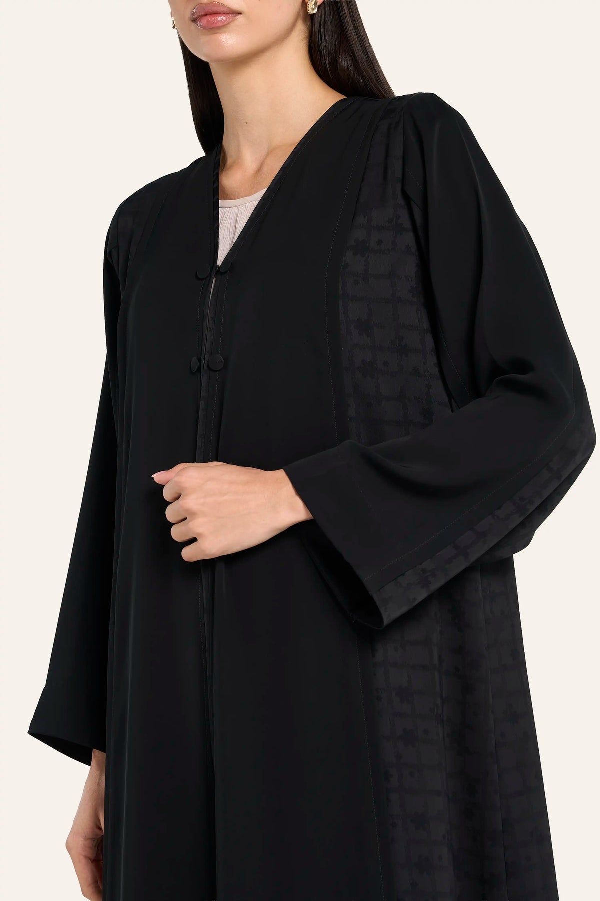 Ousha Jacquard Panel Abaya - Black - Image 5