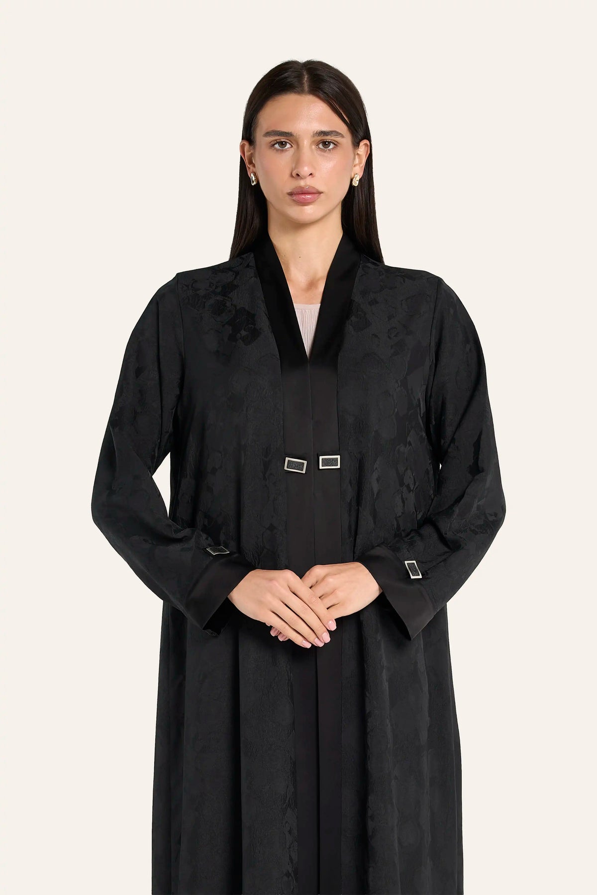 Ousha Satin Enamel Button Abaya - Black - Image 1